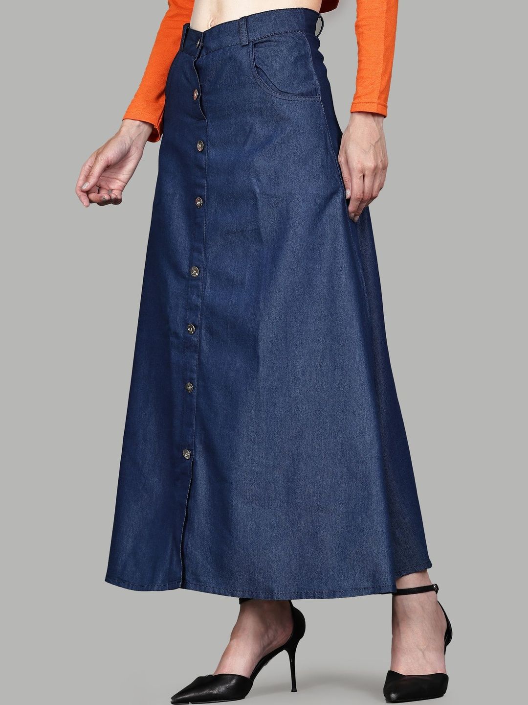 Codaisy Women Denim Front Slit Maxi A-Line Skirt