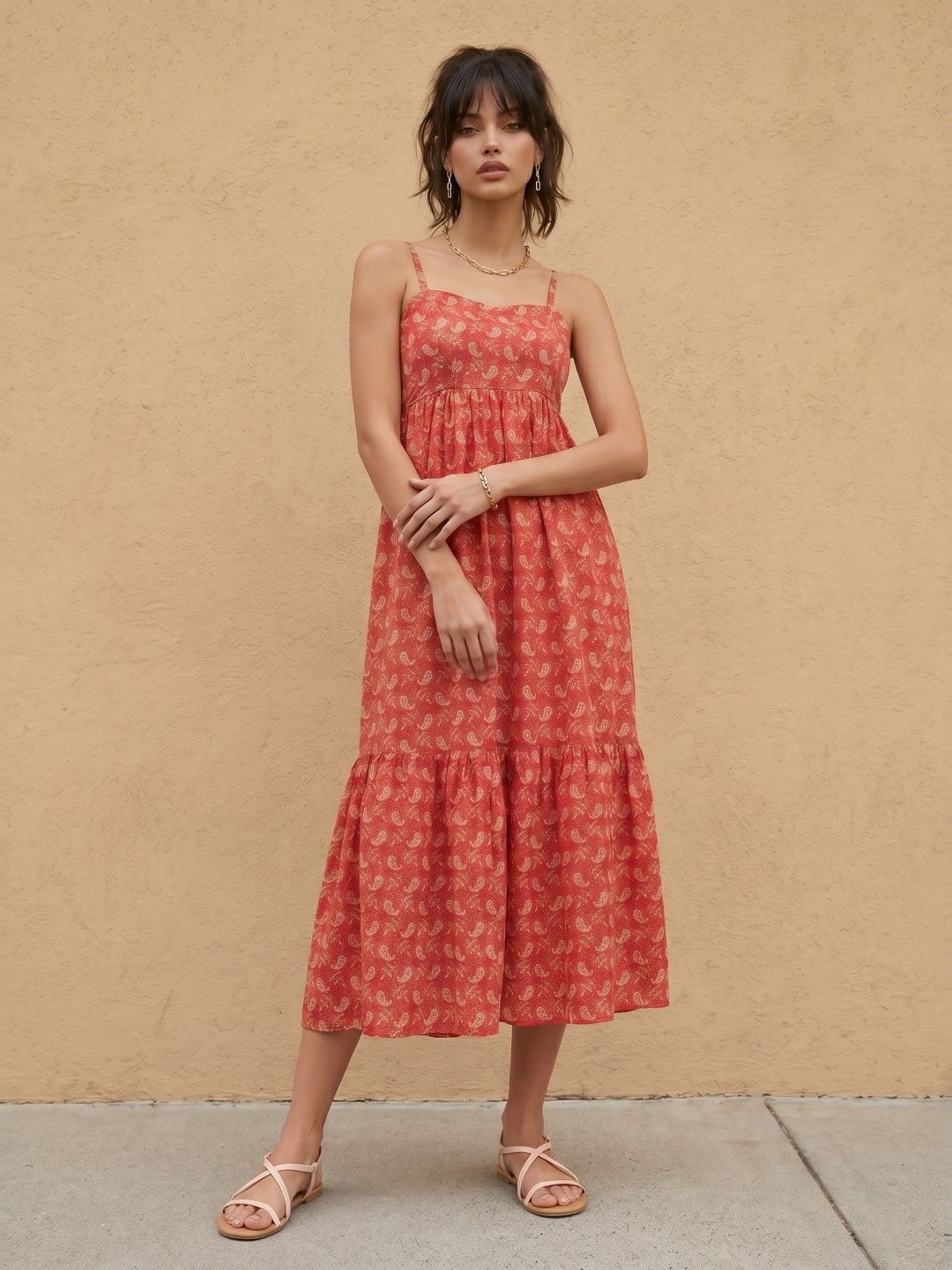 Paisley Printed Sweetheart Neck Midi Tiered Dress