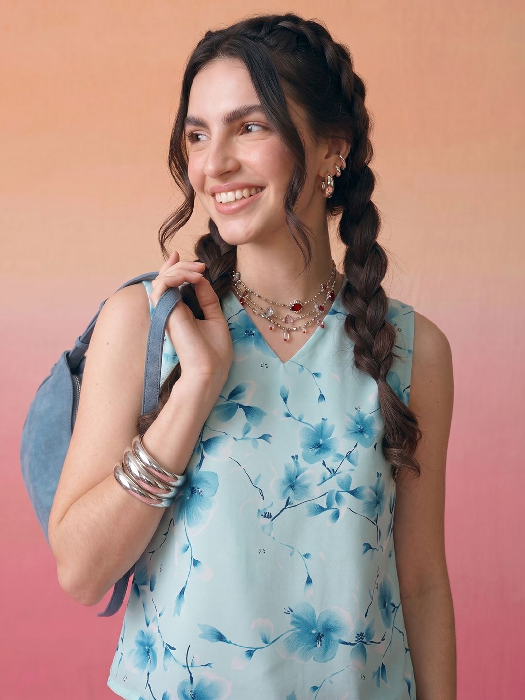 ZACCAI Sky Blue Floral Printed Top