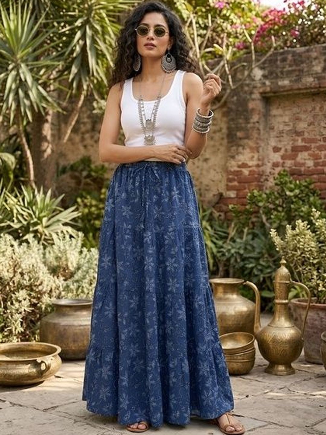 Nayo Women Pure Cotton Cotton Cambric Floral Maxi Tiered Skirt
