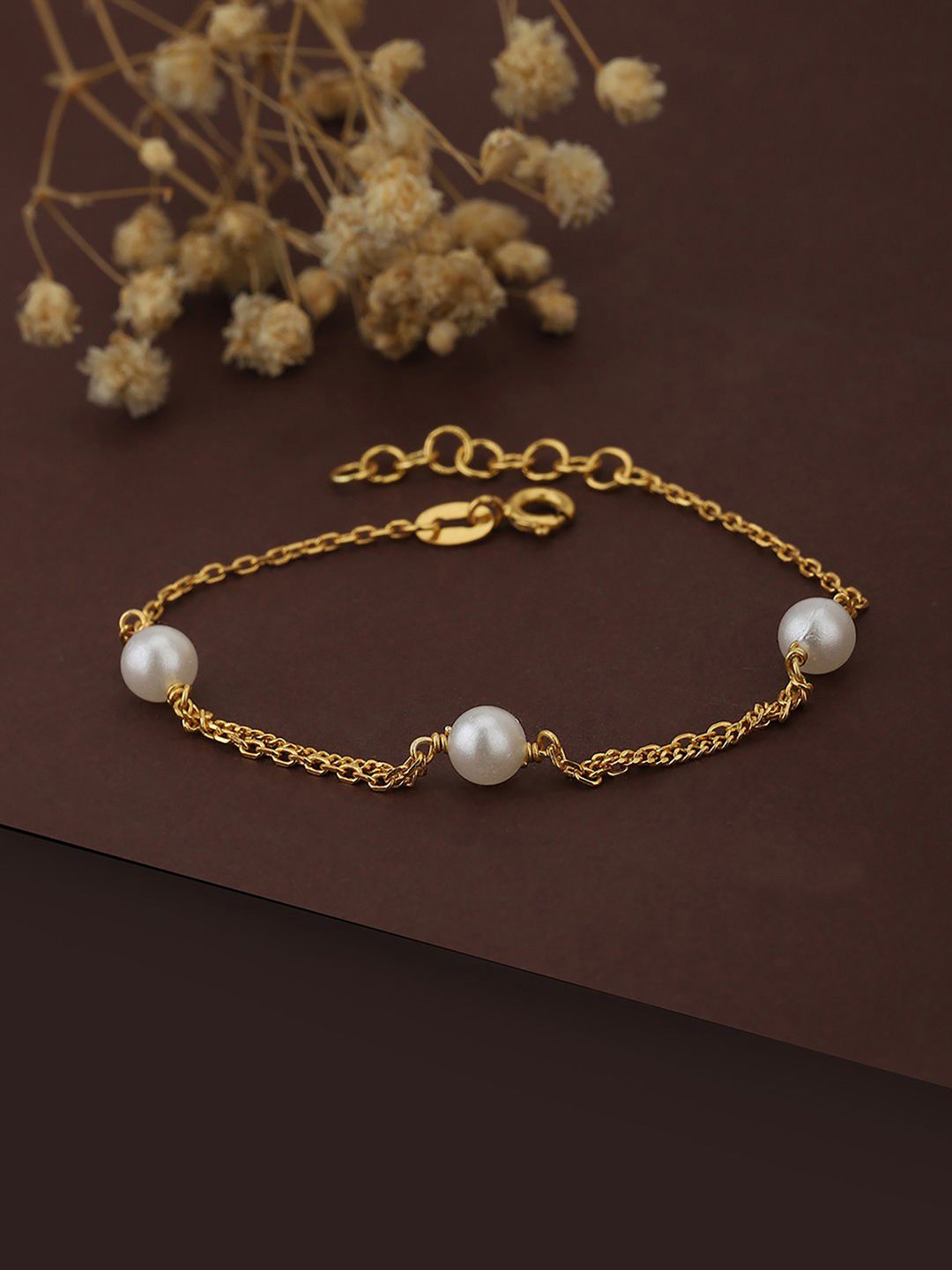 Carlton London Gold-Plated White Pearl Studded Handcrafted Link Bracelet