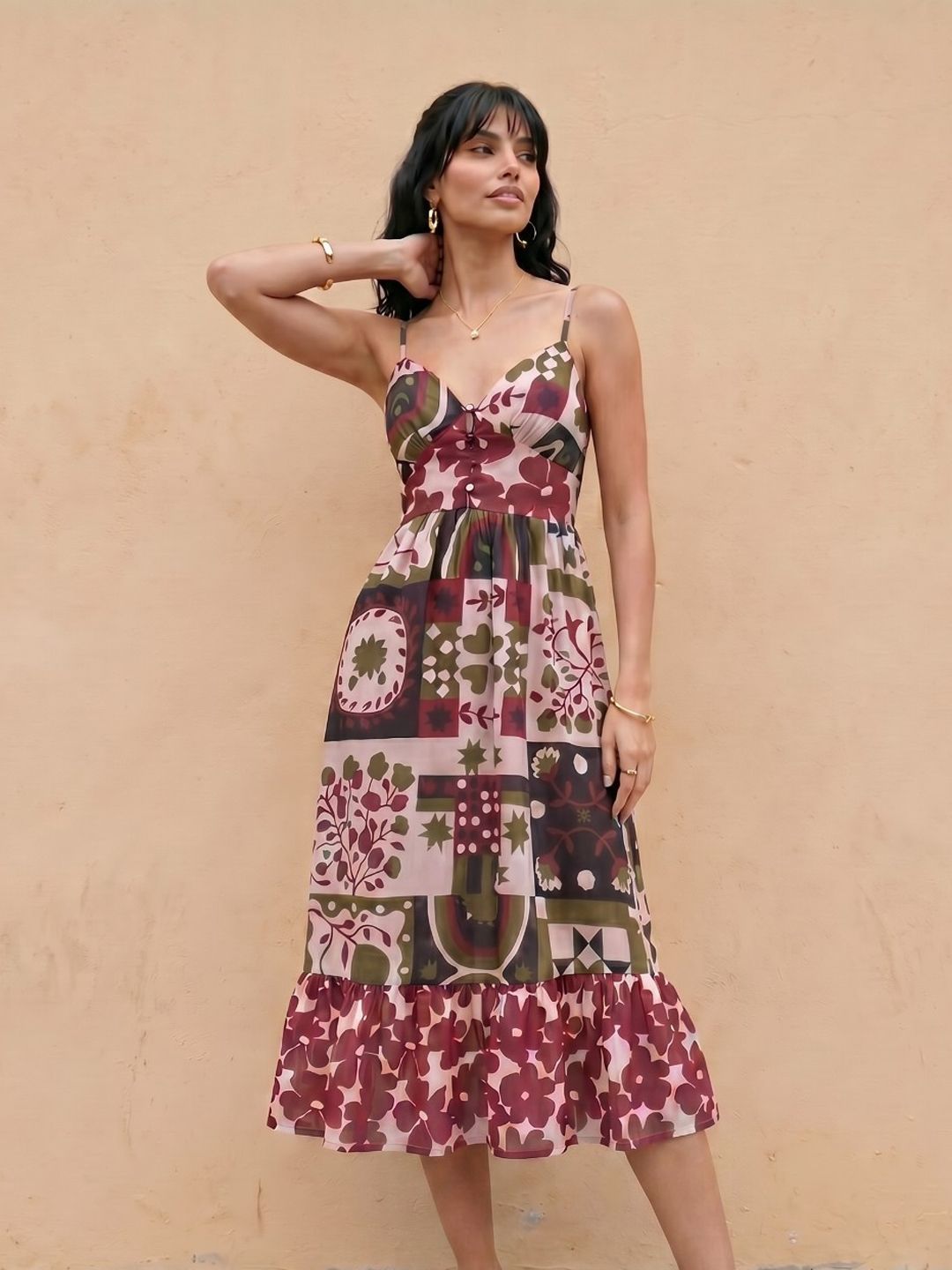 fusion by glitchez Floral Printed Midi Dress