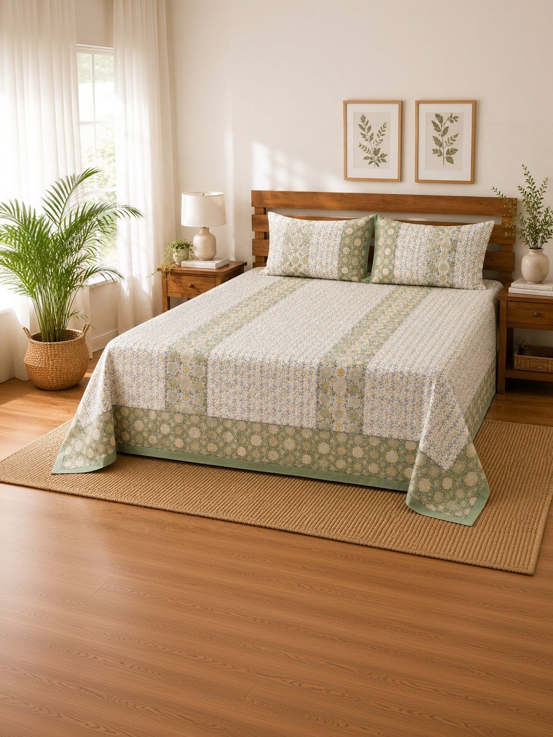 Buy Rajasthan Decor White Floral Printed Cotton 180 TC King Bedsheet 98