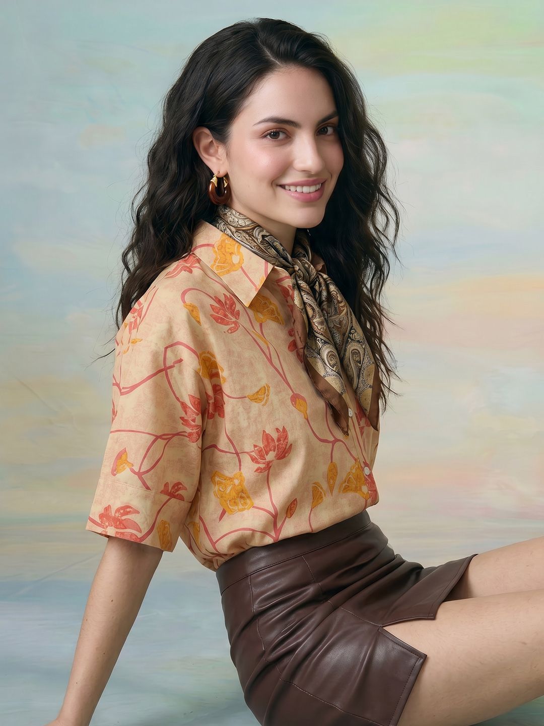 ZACCAI Beige Cotton Floral Printed Straight Top