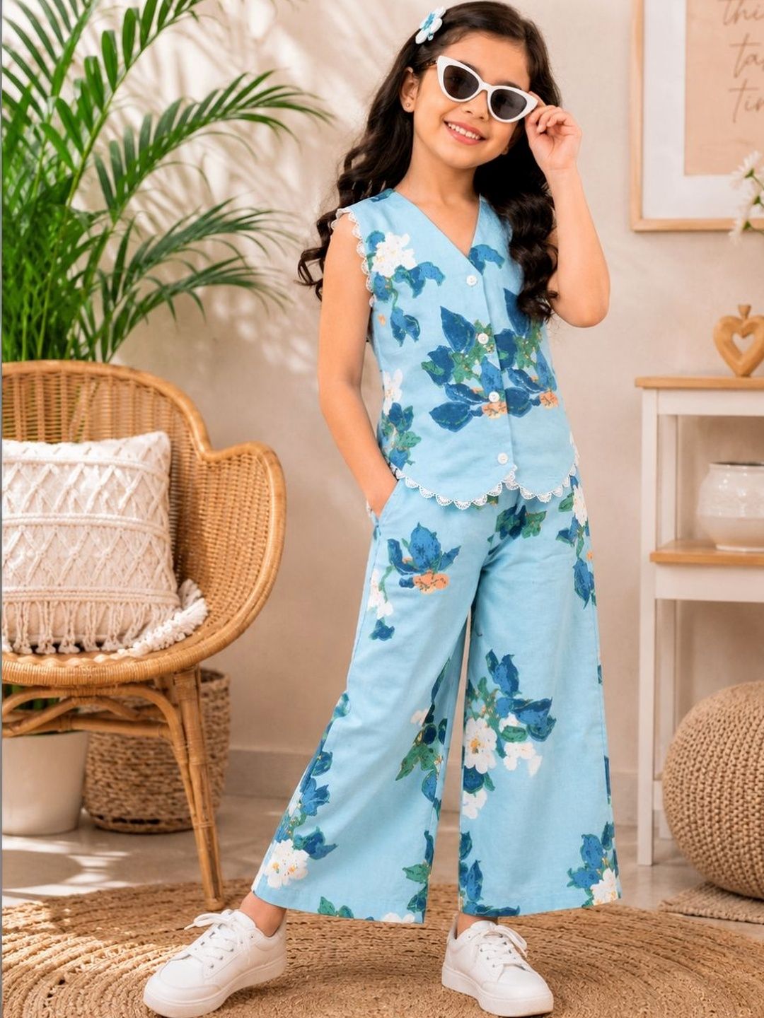 Superminis Girls Printed Top with Palazzos Cotton Sleeveless Clothing Set