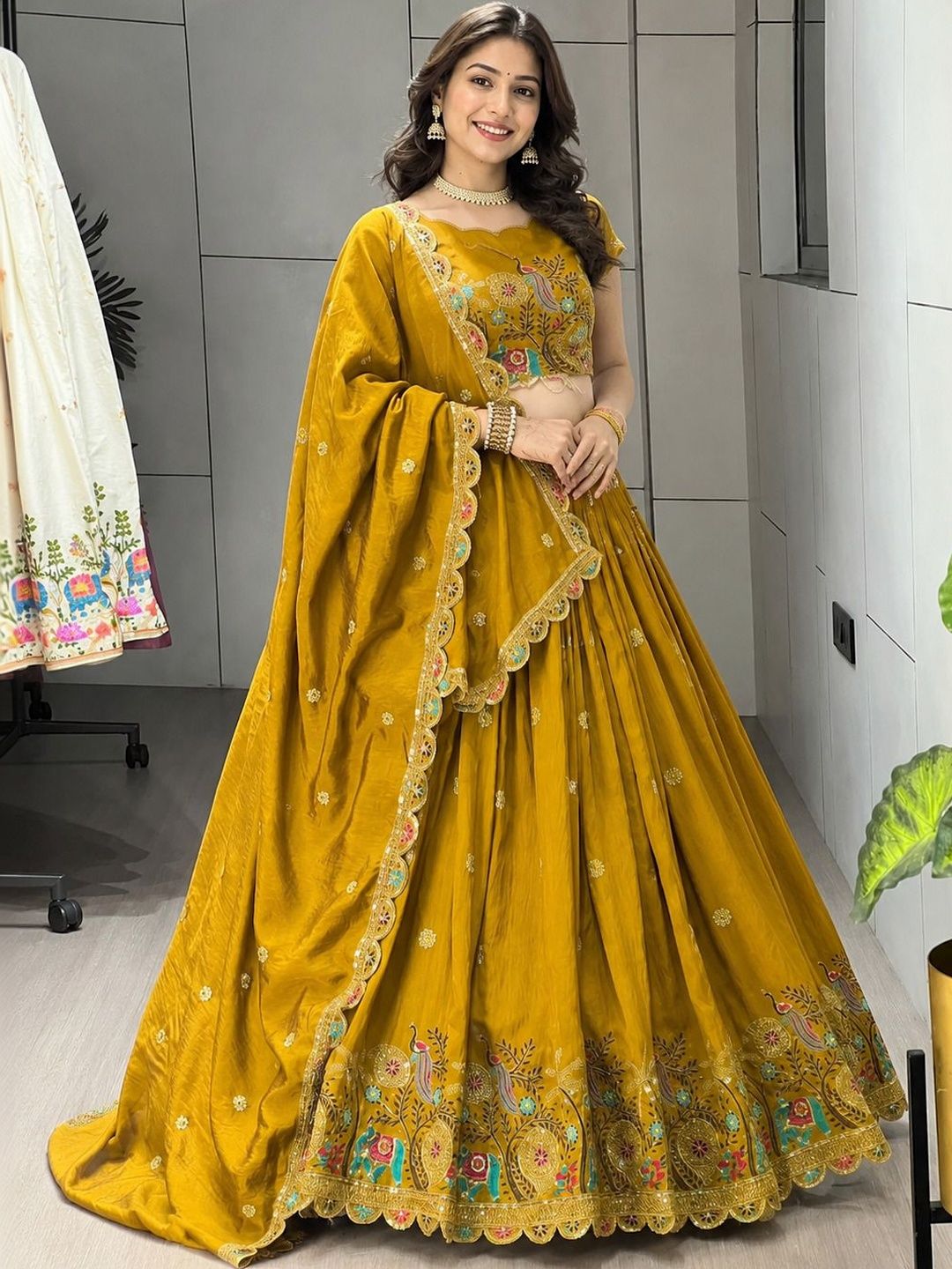 Embroidered Thread Work Semi-Stitched Lehenga & Blouse With Dupatta