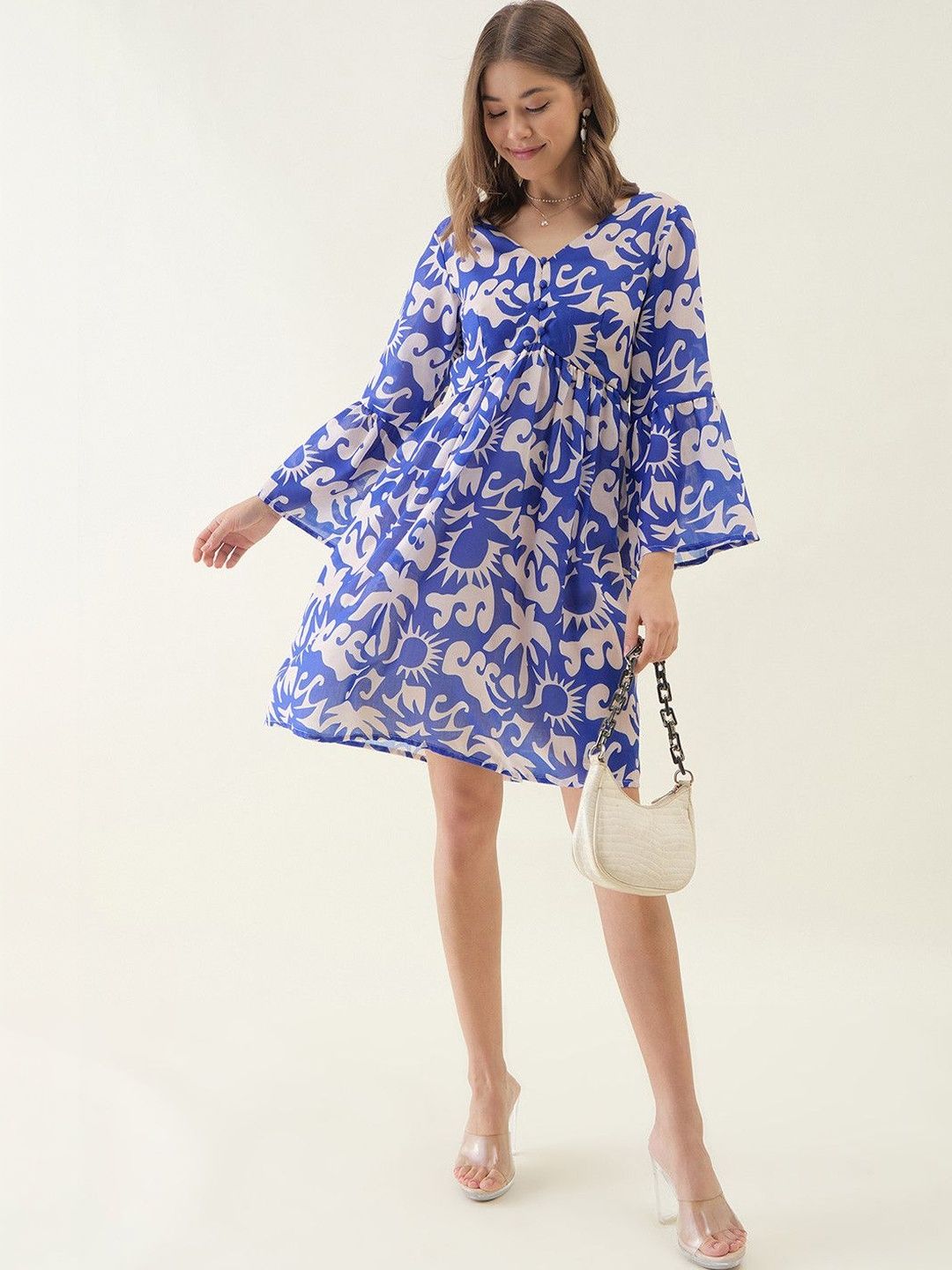OCTICS Women Abstract Printed Bell Sleeve Fit & Flare Dress
