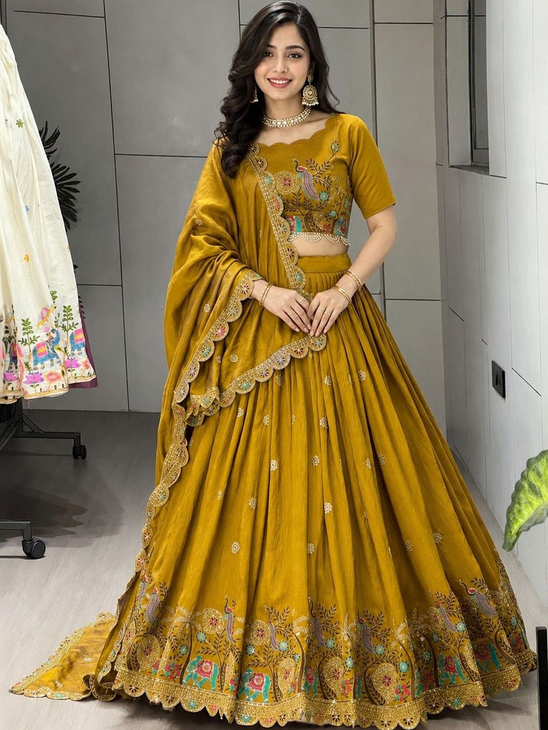 Embroidered Thread Work Semi-Stitched Lehenga & Blouse With Dupatta 4