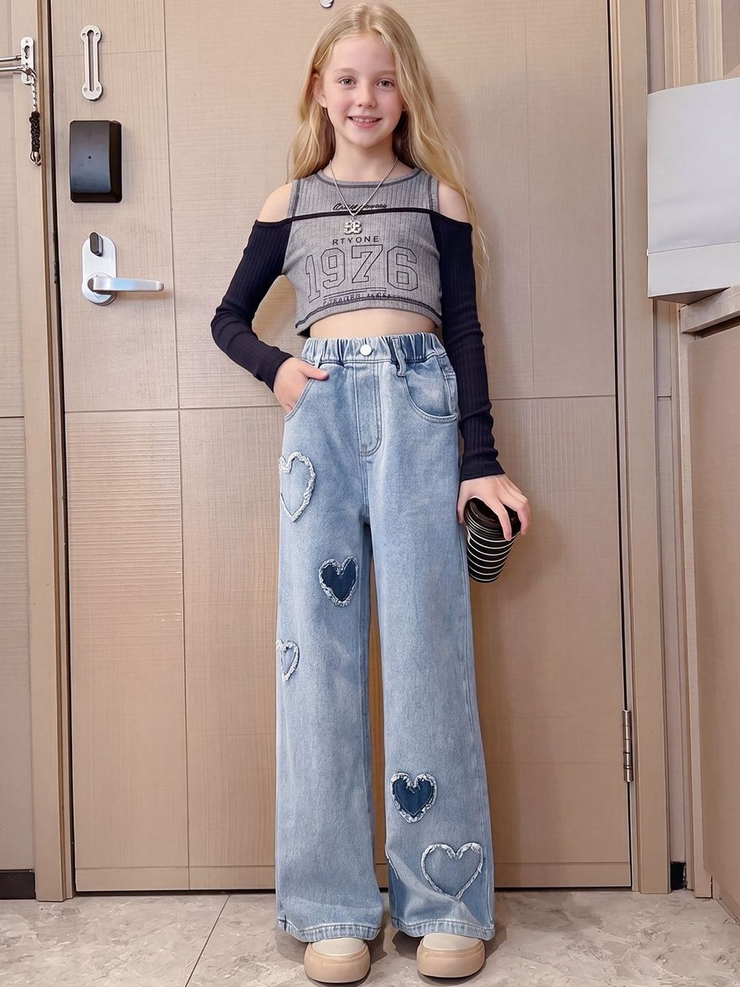 Girls Blue Cotton Patchwork Wash Jeans