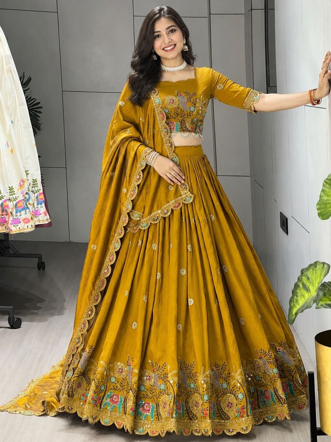 Embroidered Thread Work Semi-Stitched Lehenga & Blouse With Dupatta 3