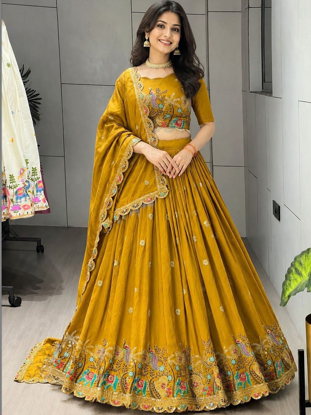 Embroidered Thread Work Semi-Stitched Lehenga & Blouse With Dupatta 5