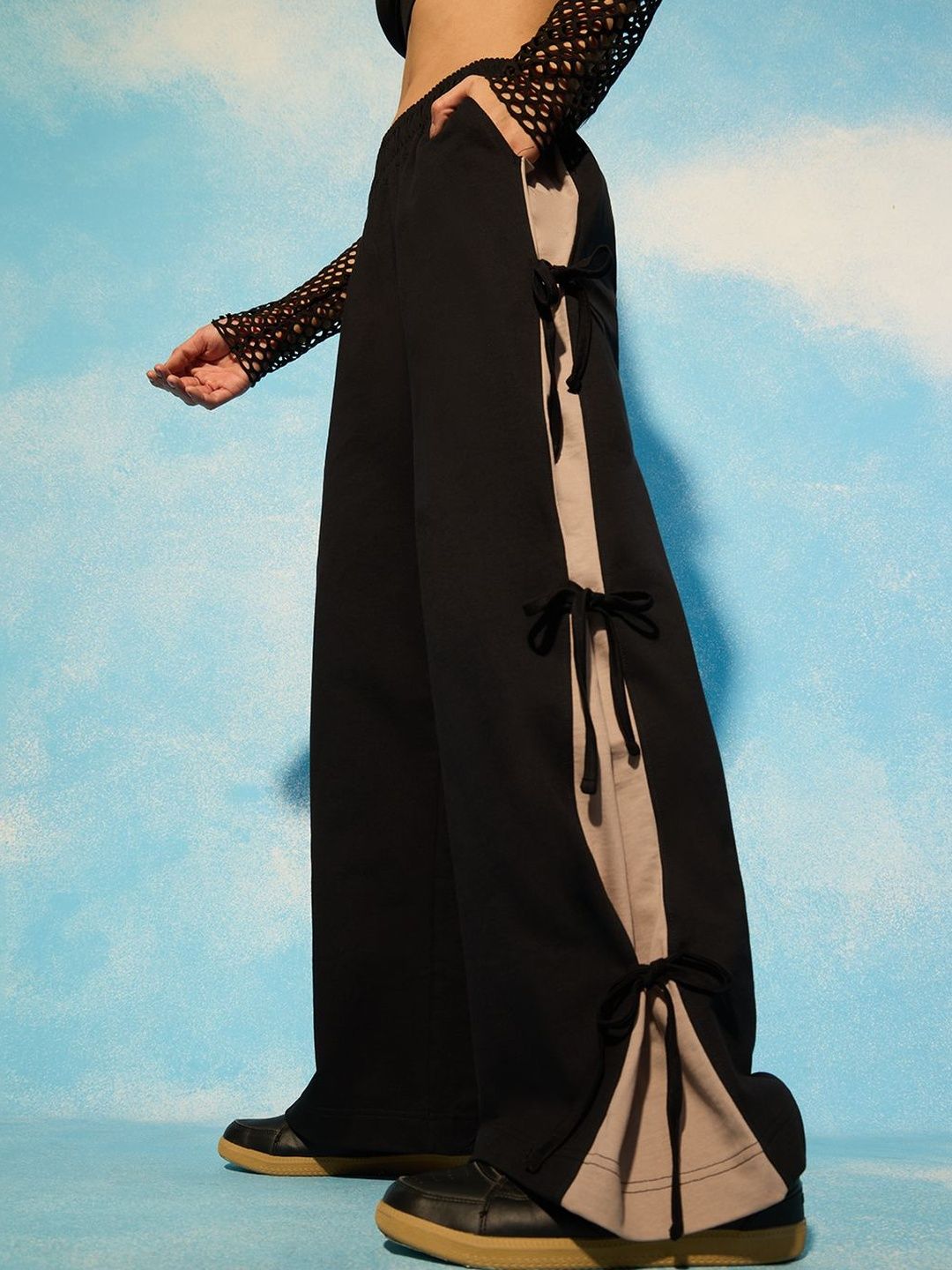 The Souled Store Women Wide Leg Fit Colourblocked Black Joggers