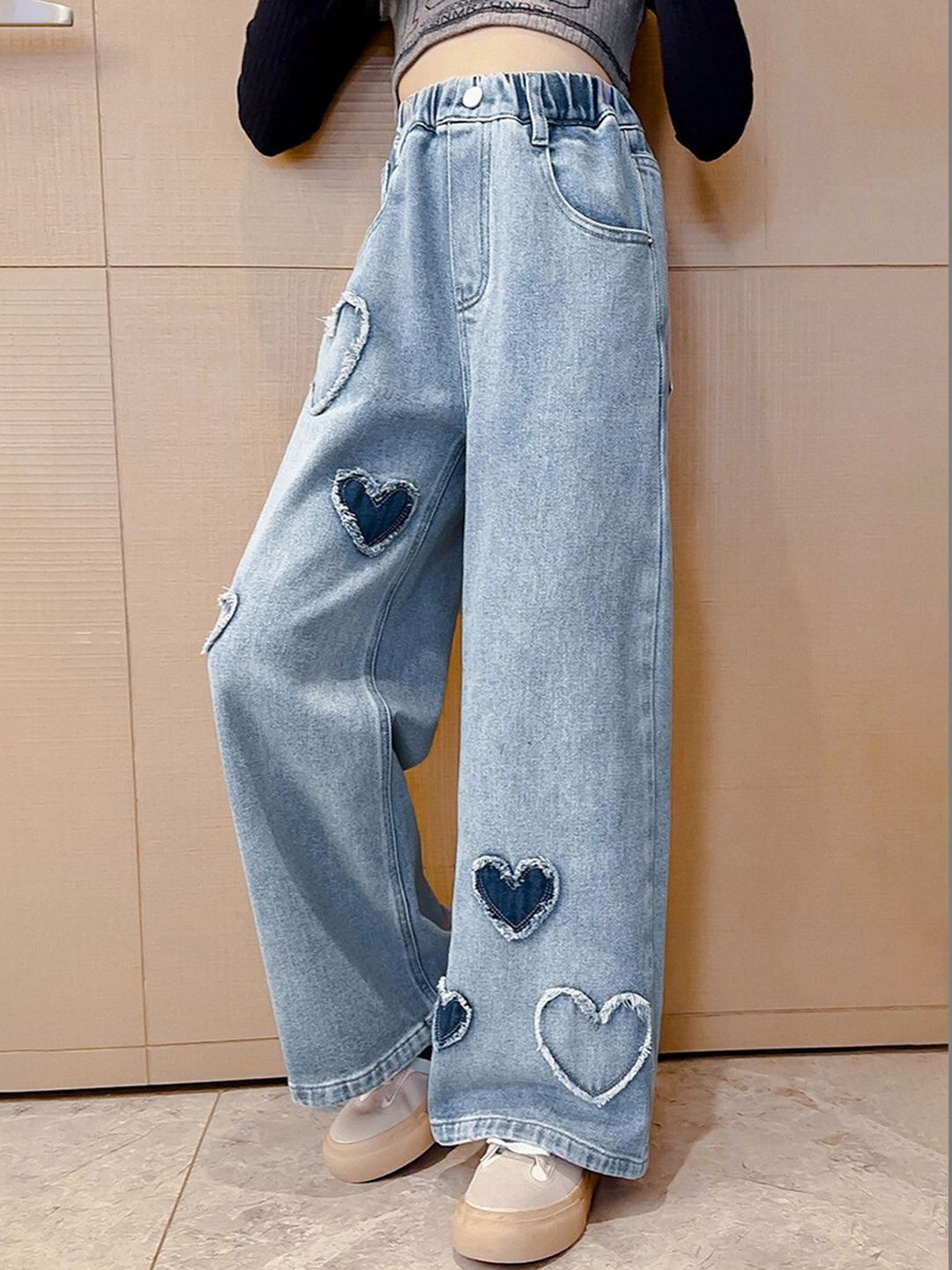 Girls Blue Cotton Patchwork Wash Jeans 3