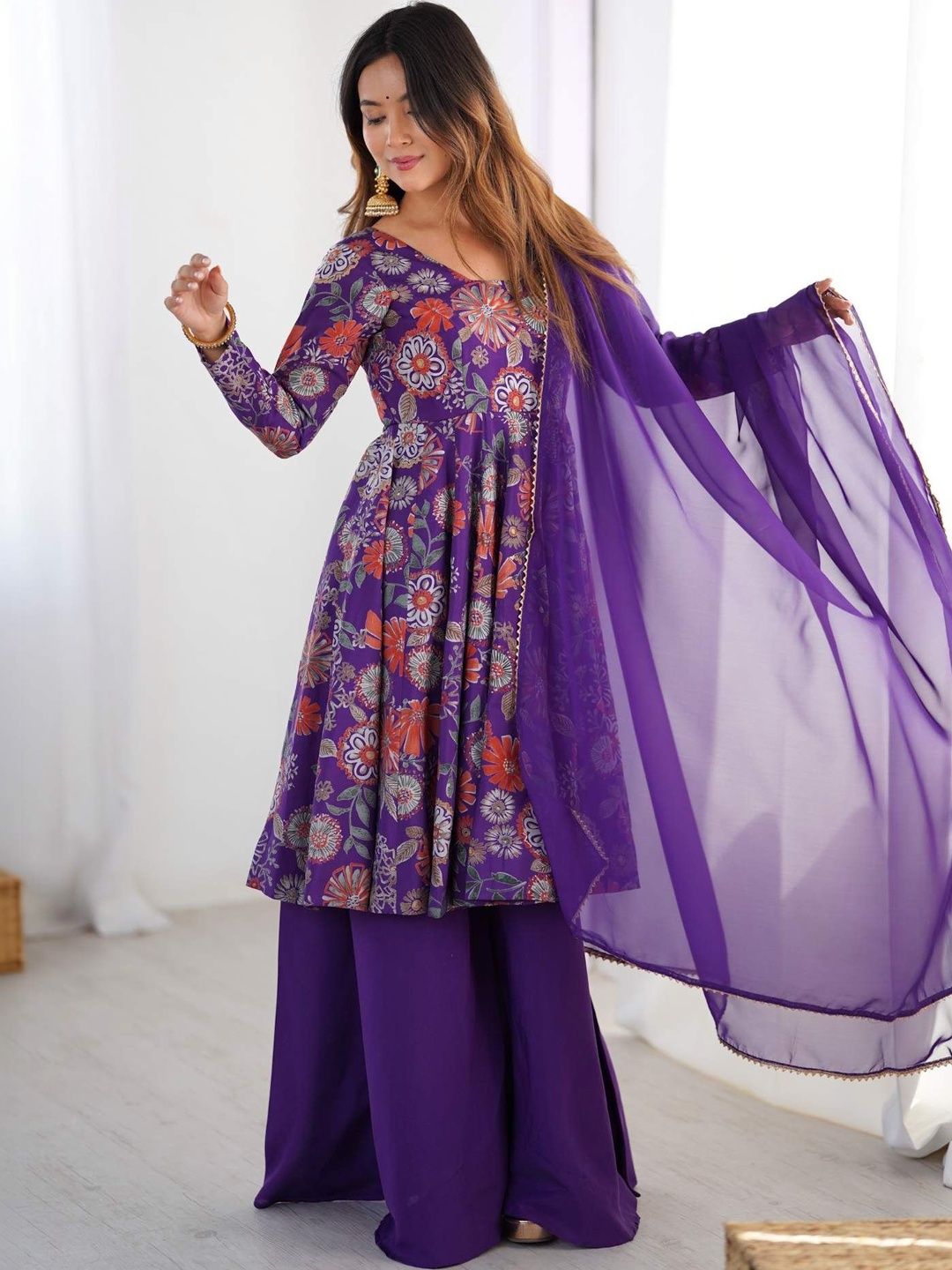HERE&NOW Women Floral Printed Pleated Chanderi Silk Kurta with Palazzos & With Dupatta