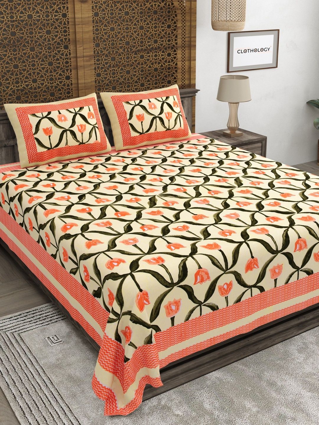 CLOTHOLOGY Spiced Orange Tulip Trellis Gul-e-Bahar 180 TC Cotton King Bedsheet with 2 Pillow Cover