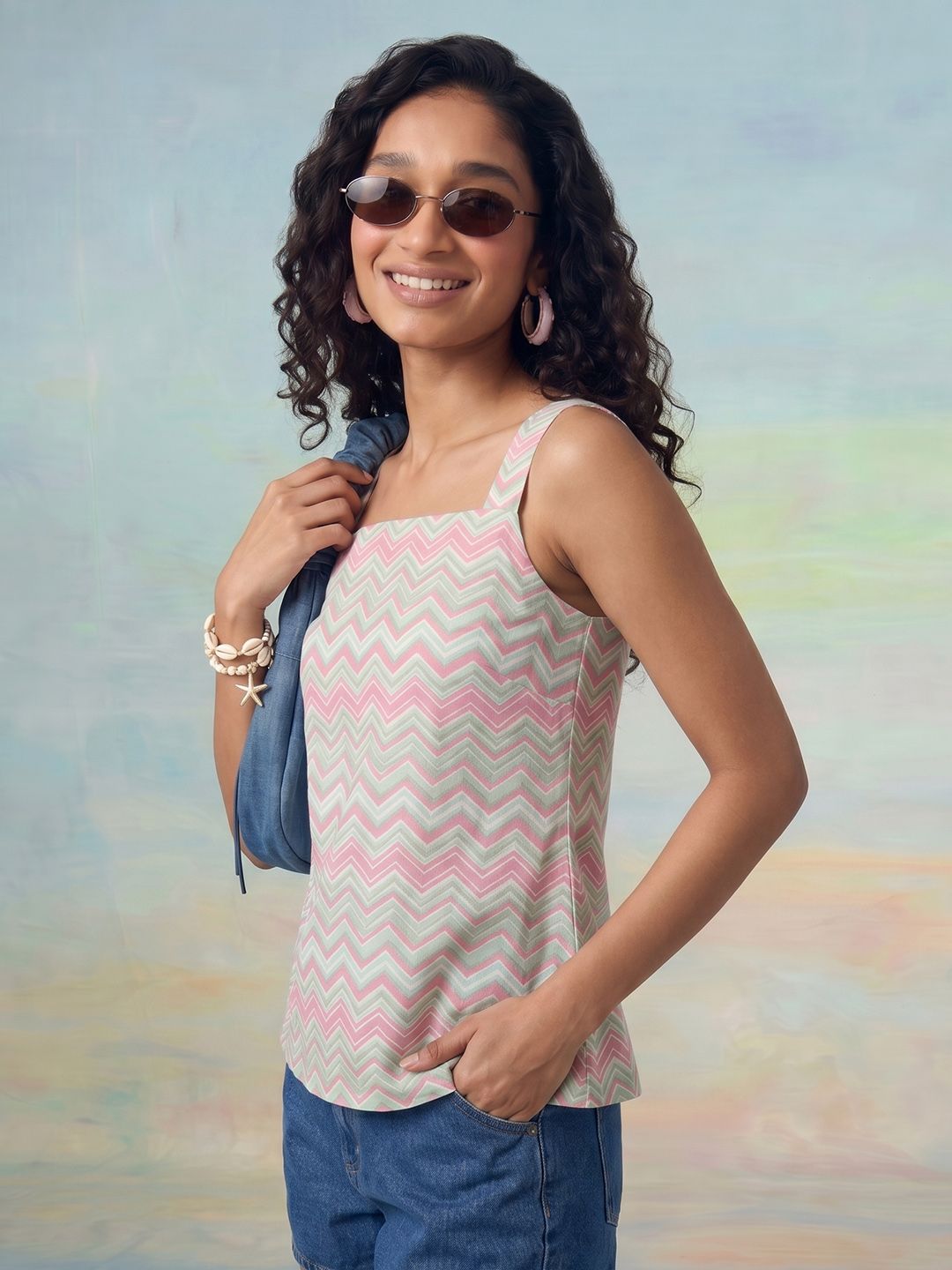 ZACCAI Pink & Green Chevron Cotton Top