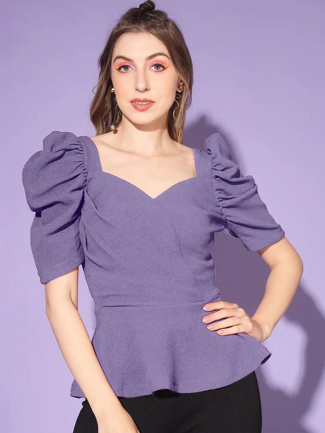 Miss & Chief Sweetheart Neck Puff Sleeve Peplum Top