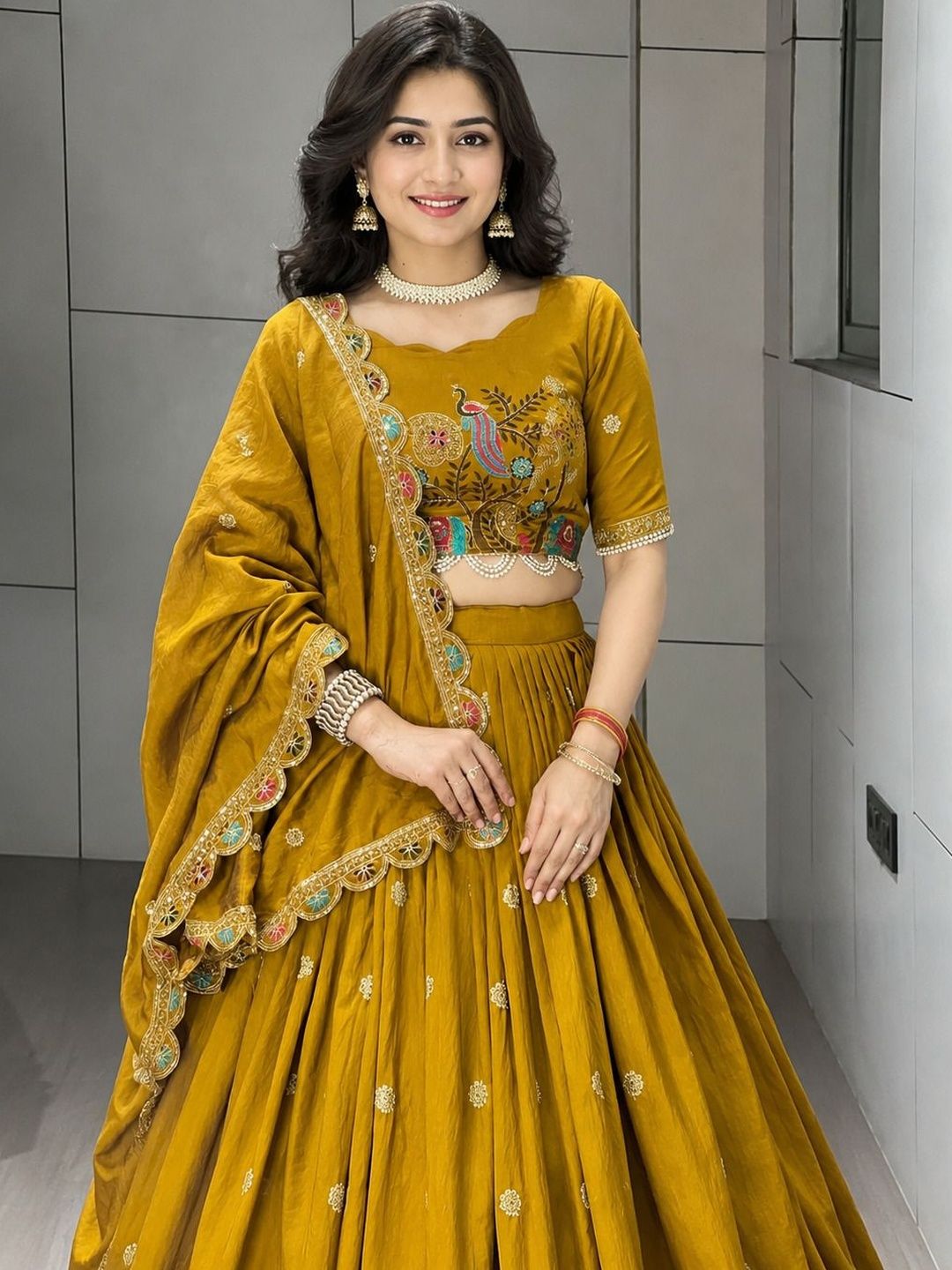 Embroidered Thread Work Semi-Stitched Lehenga & Blouse With Dupatta 2