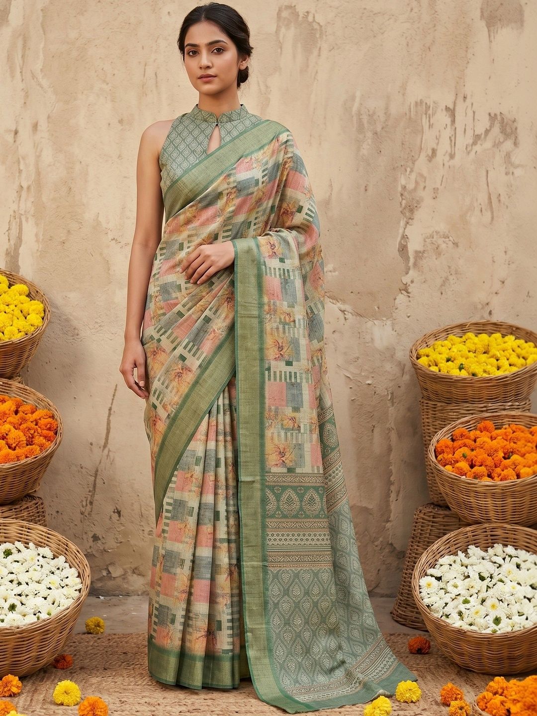 MIWA Floral Zari Silk Blend Handloom Saree