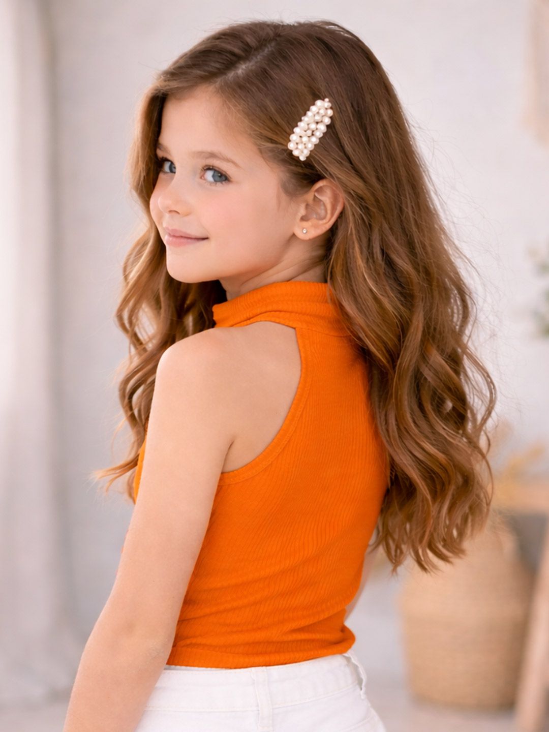 Girls Orange Cotton Blend Tops 4