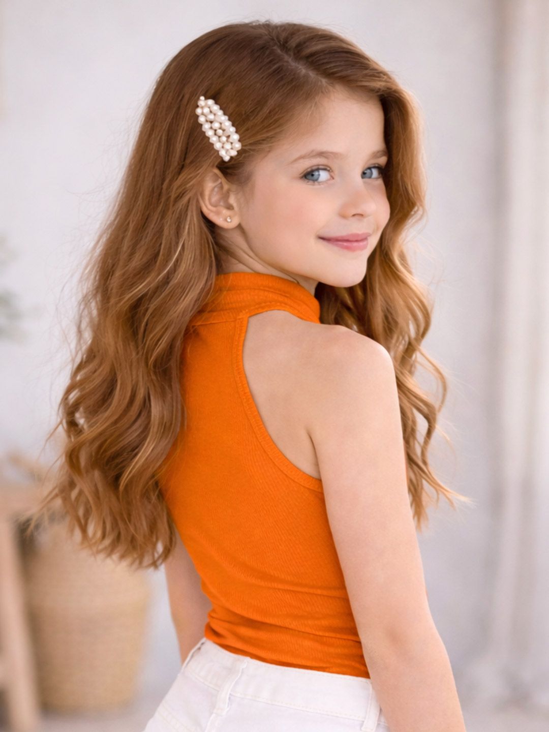 Girls Orange Cotton Blend Tops 3