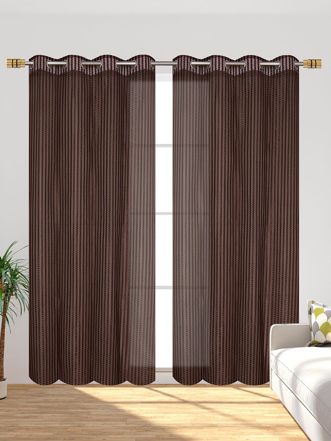 YUKANY Coffee Brown & Multicoloured Set of 2 Geometric Sheer Door Curtain