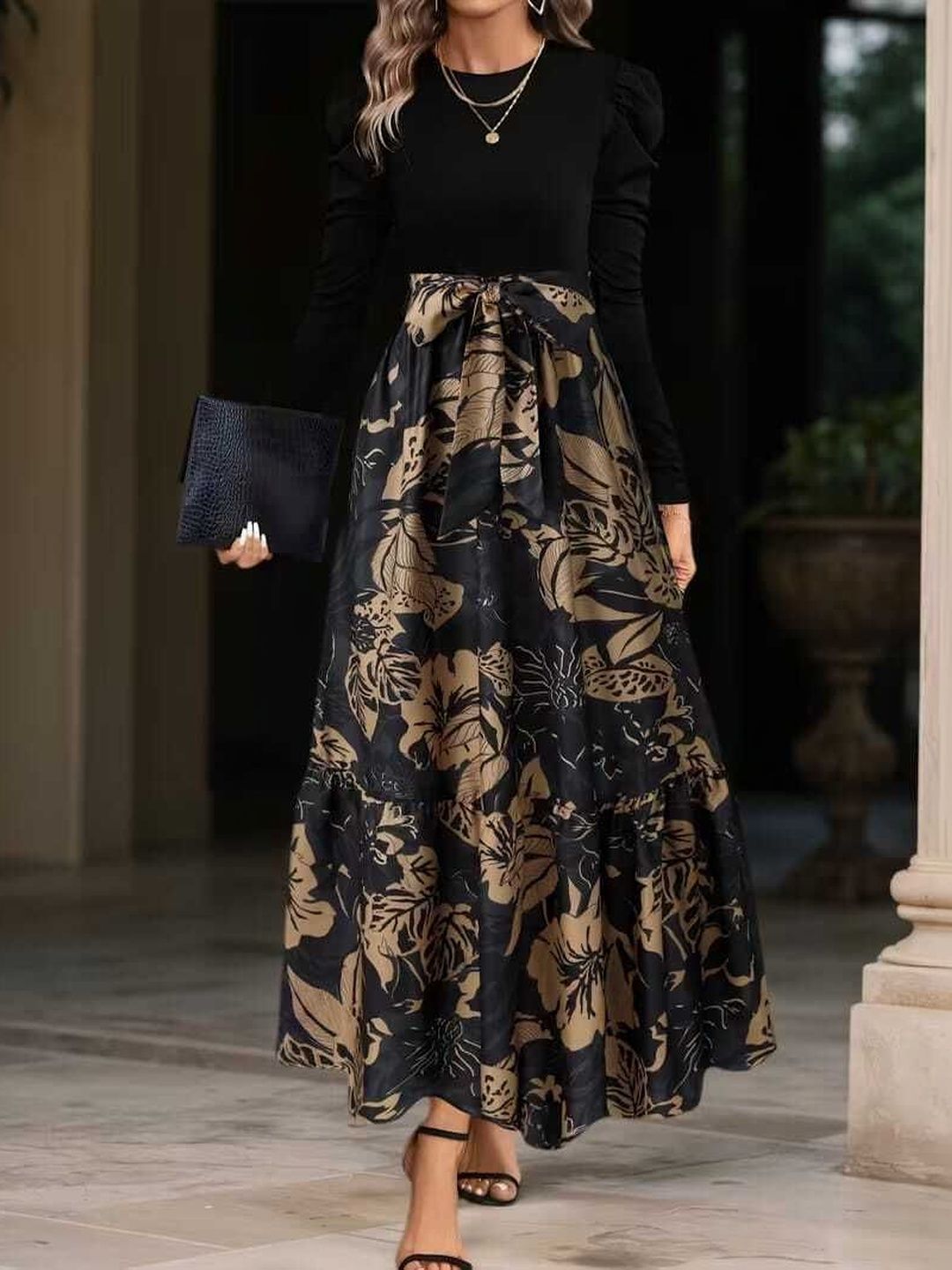 Archi Enterprise Floral Print Puff Sleeve Fit & Flare Maxi Dress