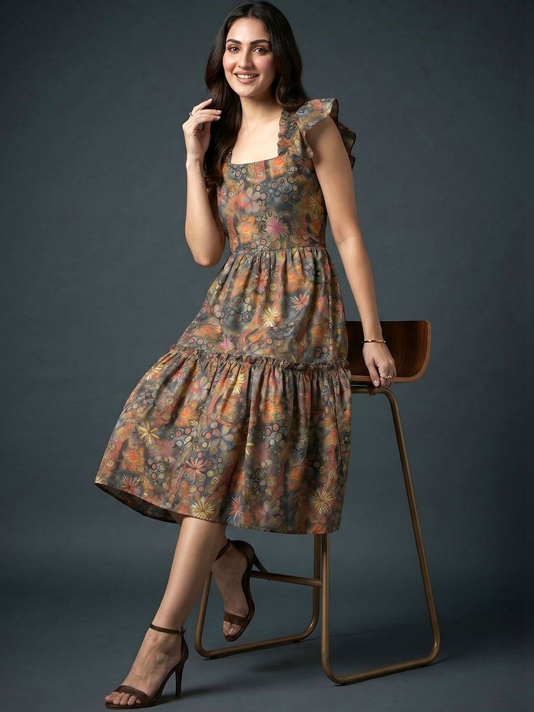 ADDYVERO Floral Print Flared Sleeve Ruffled A-Line Midi Dress