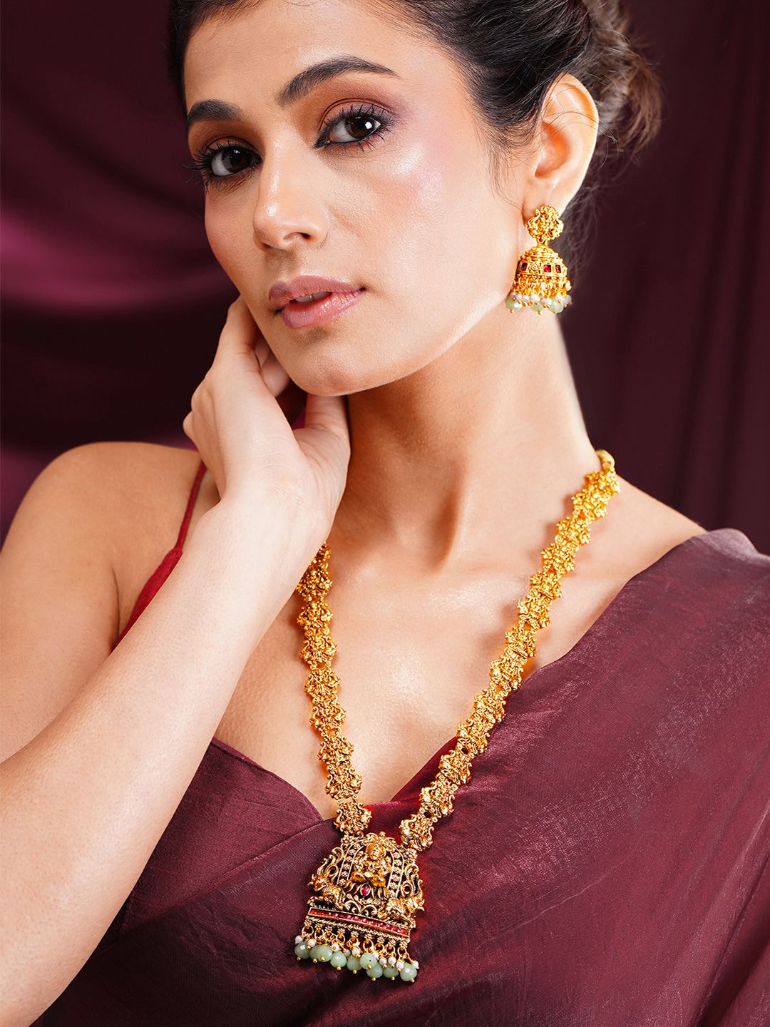 Rubans Women 22K Gold Plated Temple Lakshmi Pearl Beads Long Necklace Set