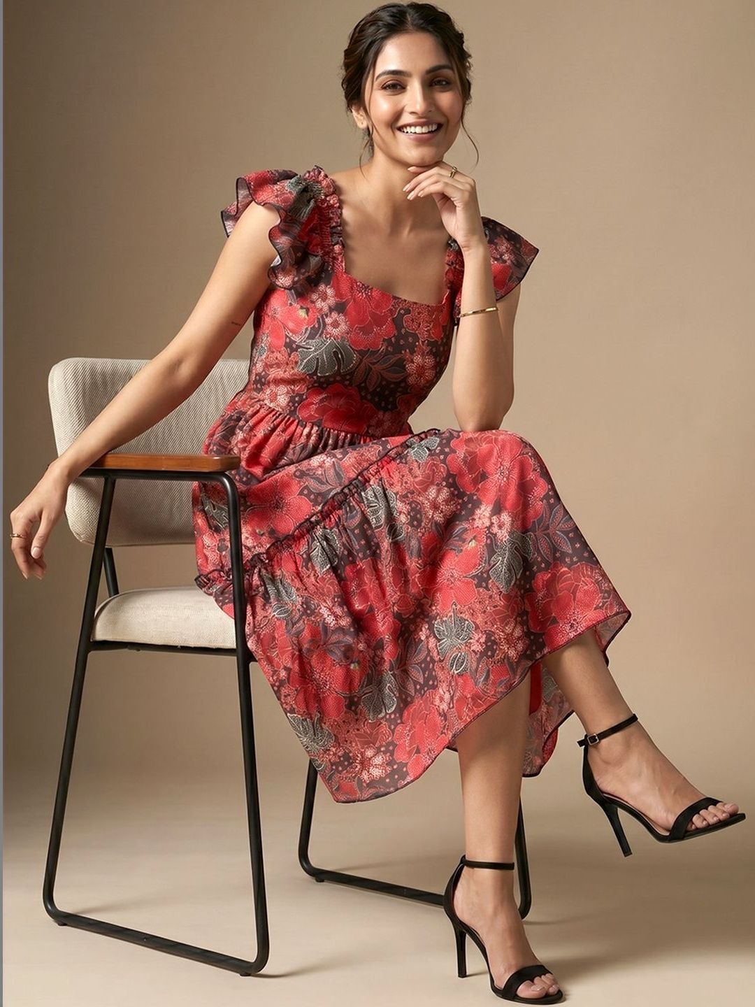 ADDYVERO Floral Print Flutter Sleeve A-Line Midi Dress