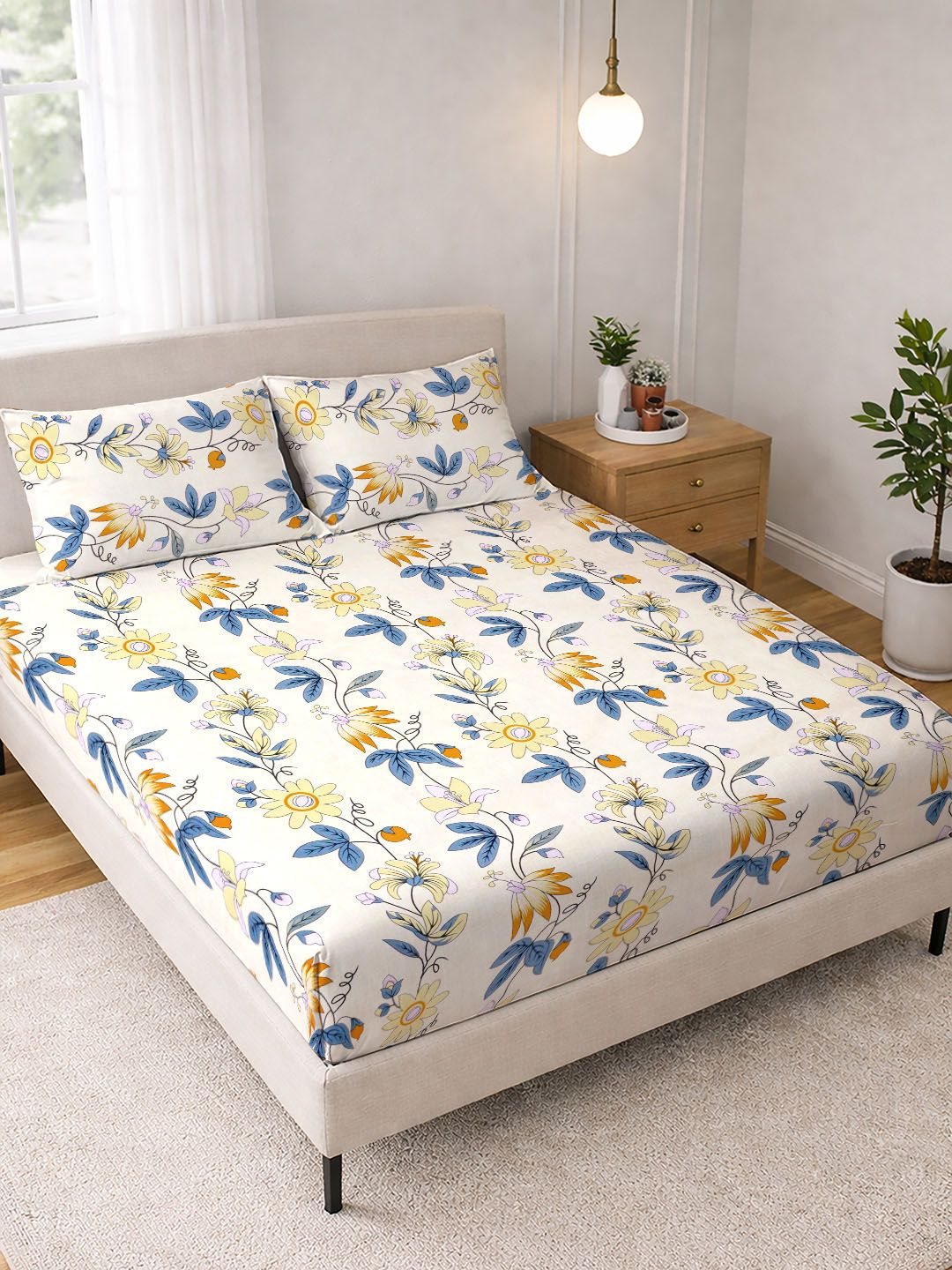Buy FABINALIV Cream Floral Pollycotton 300 TC Super King Bedsheet With 2 Pillow Covers -  - Home for Unisex