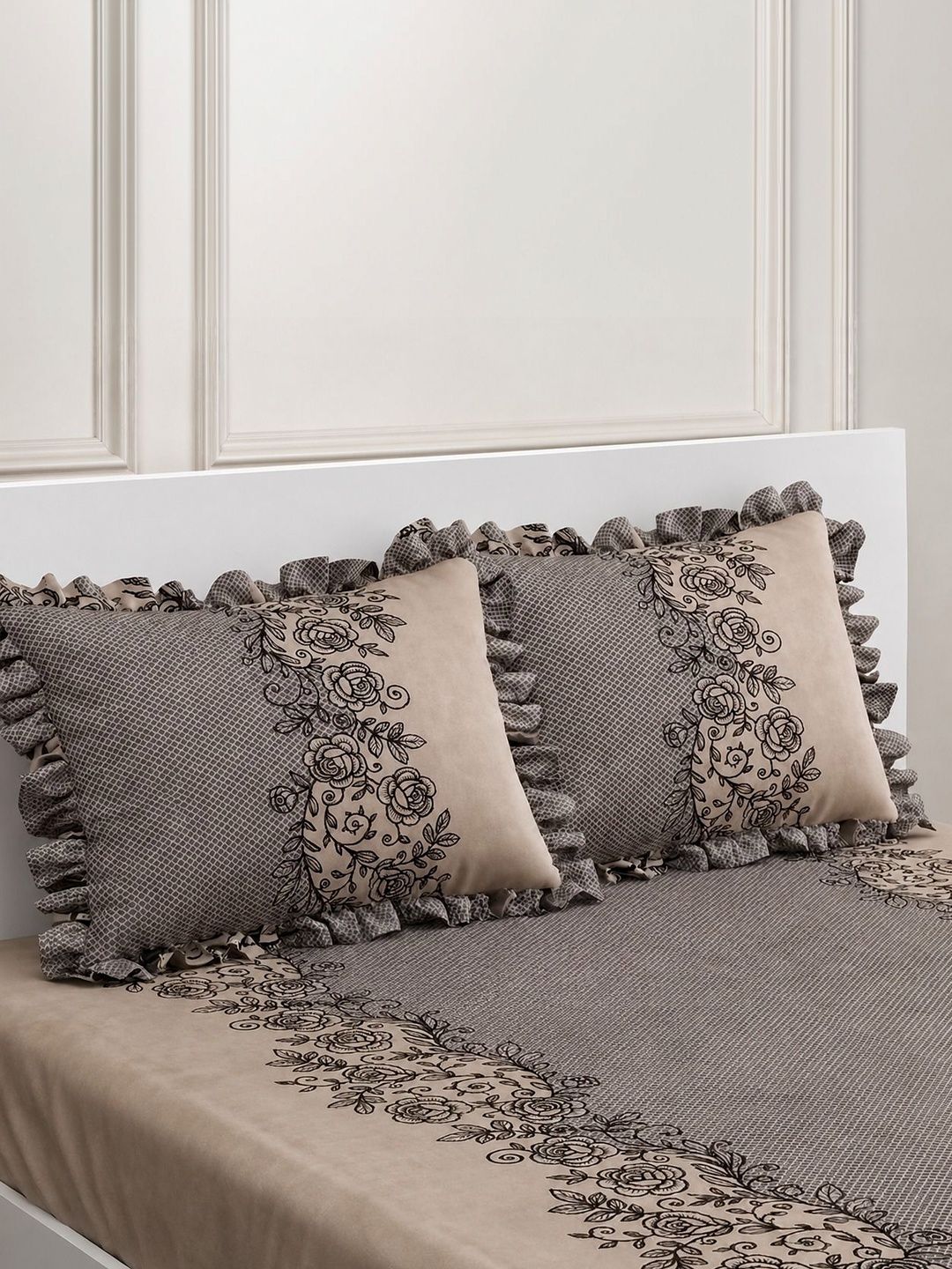 Aura Grey Floral 300 Tc Frilled Fitted King Bedsheet With 2 Pillow Covers