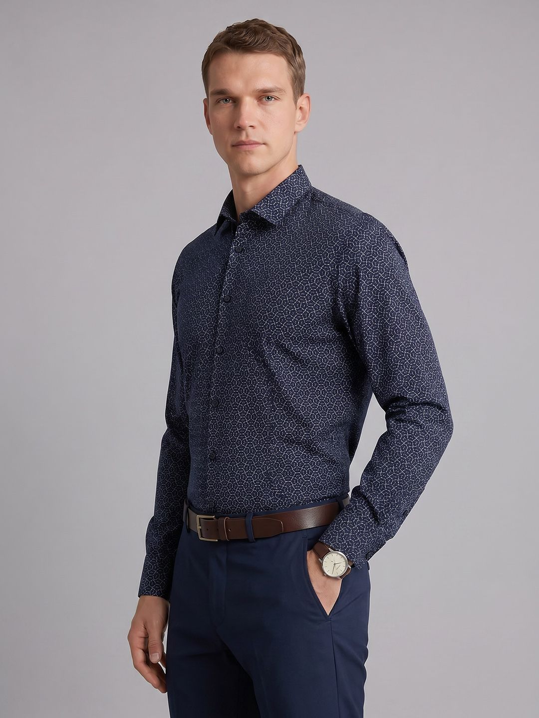 Blackberrys Slim Fit Geometric Printed Pure Cotton Formal