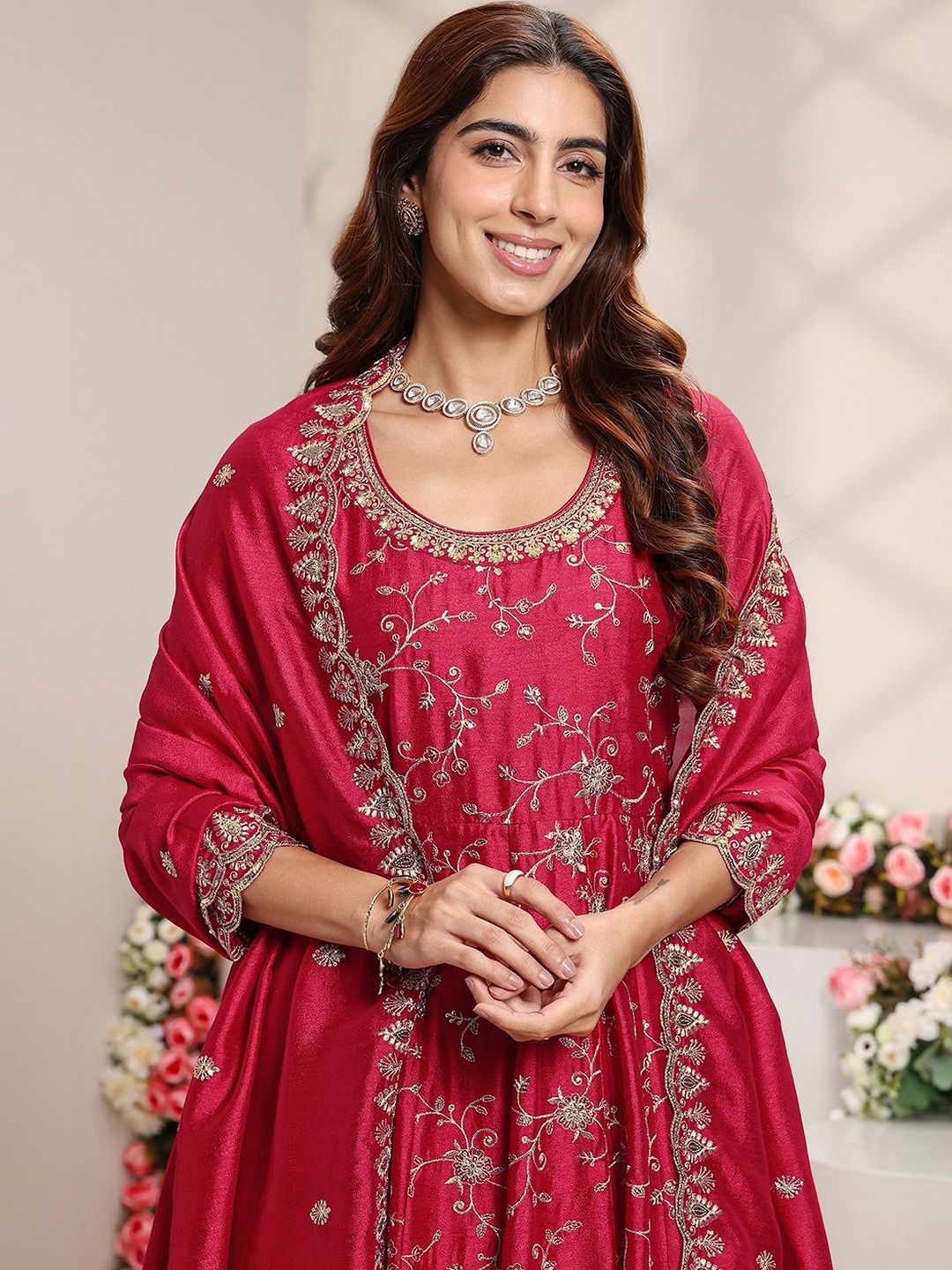 Price History - Libas Red Floral Embroidered Anarkali Suit Set with ...