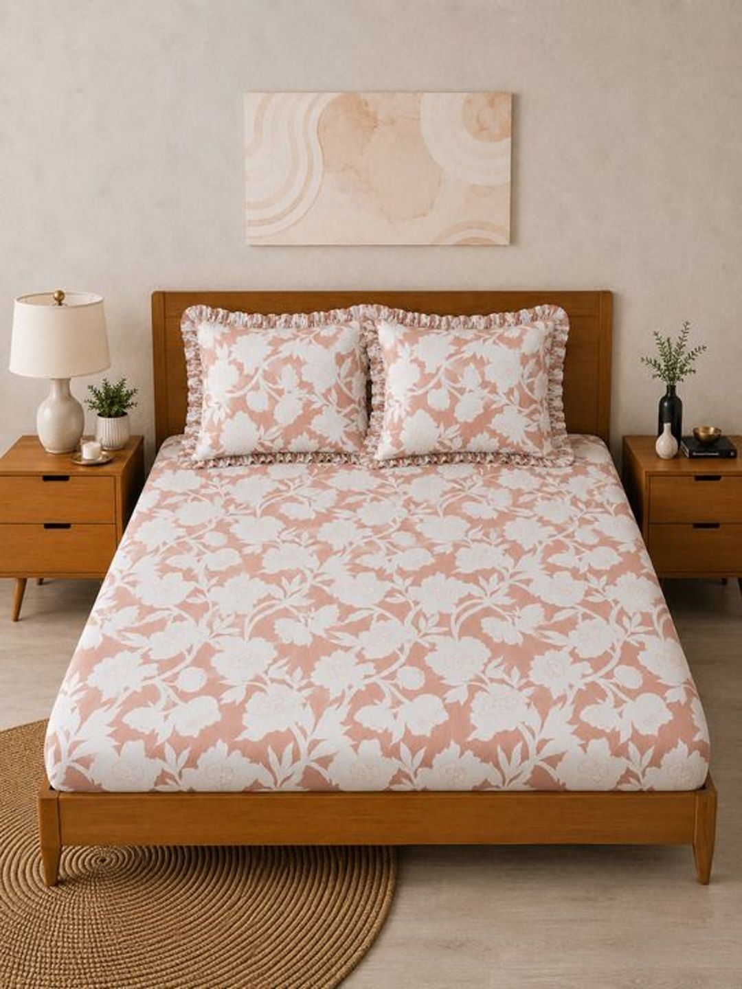 Aura Peach-Coloured Floral 300 Tc Frilled Fitted Queen Bedsheet With 2 Pillow Covers