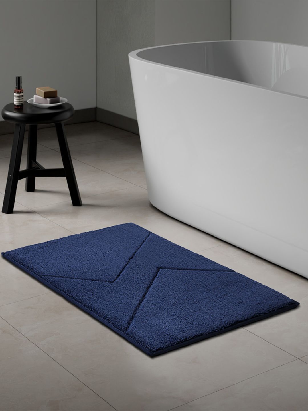 SPACES Navy Blue Anti Skid Tufted Bath Mat