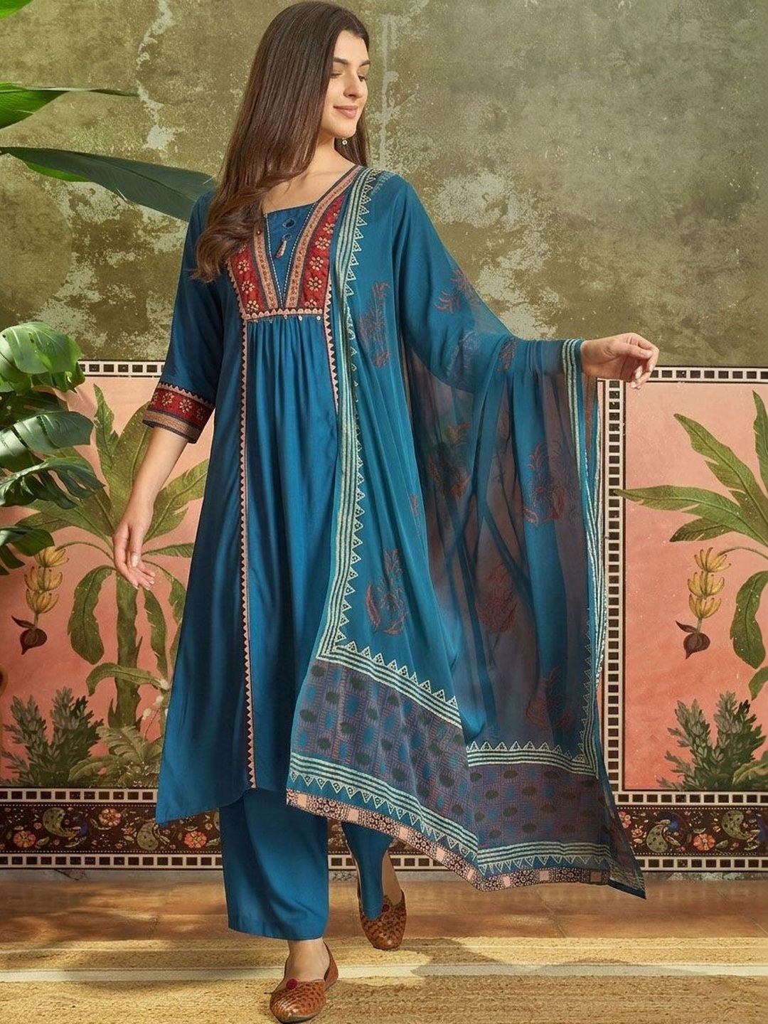 Sangria Square Neck A-Line Kurta & Palazzos With Dupatta