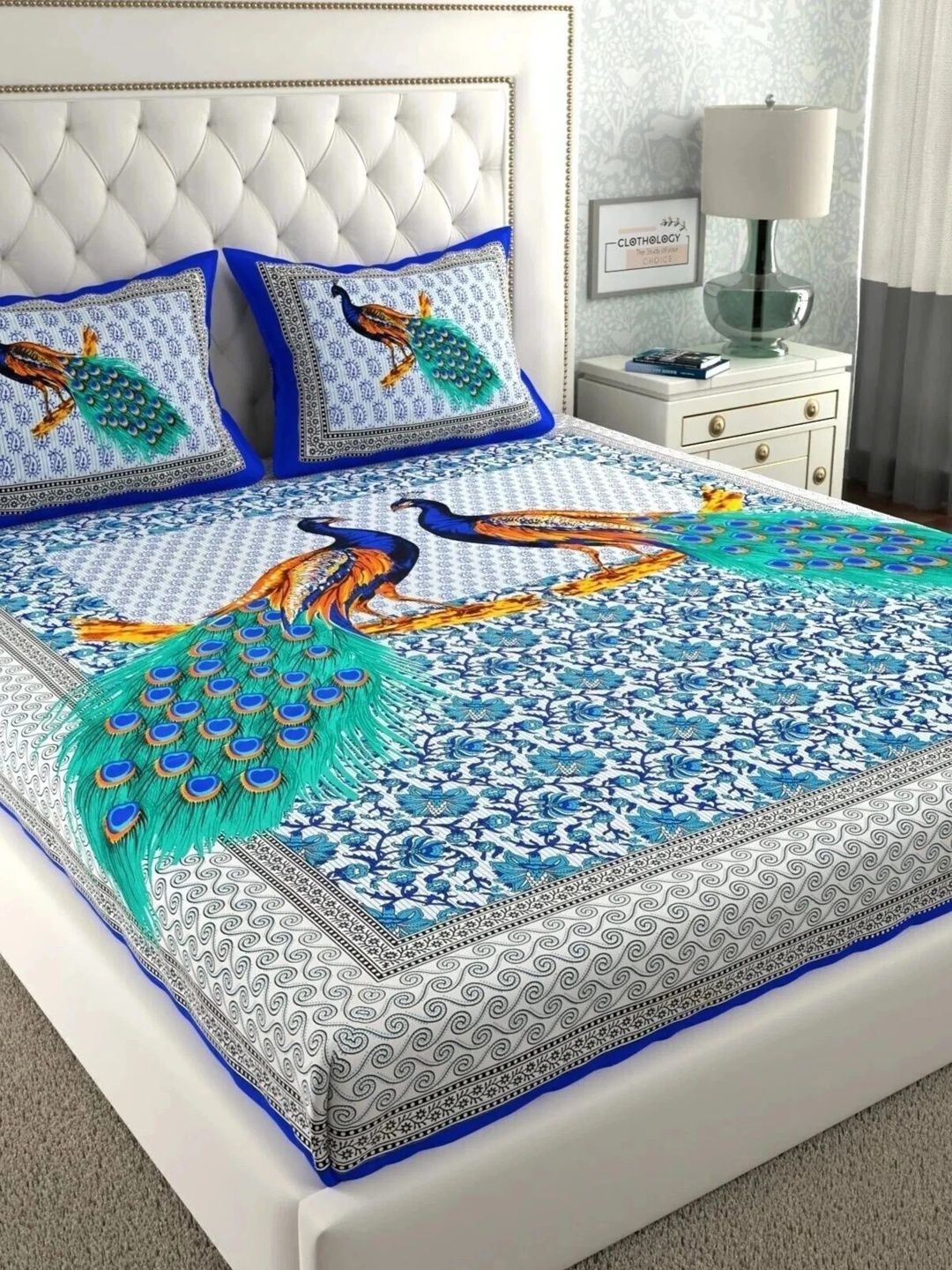 CLOTHOLOGY Royal Blue Avian Floral Mayura Heritage Cotton Double Flat 104 TC Jaipuri Prints Bedsheet Set