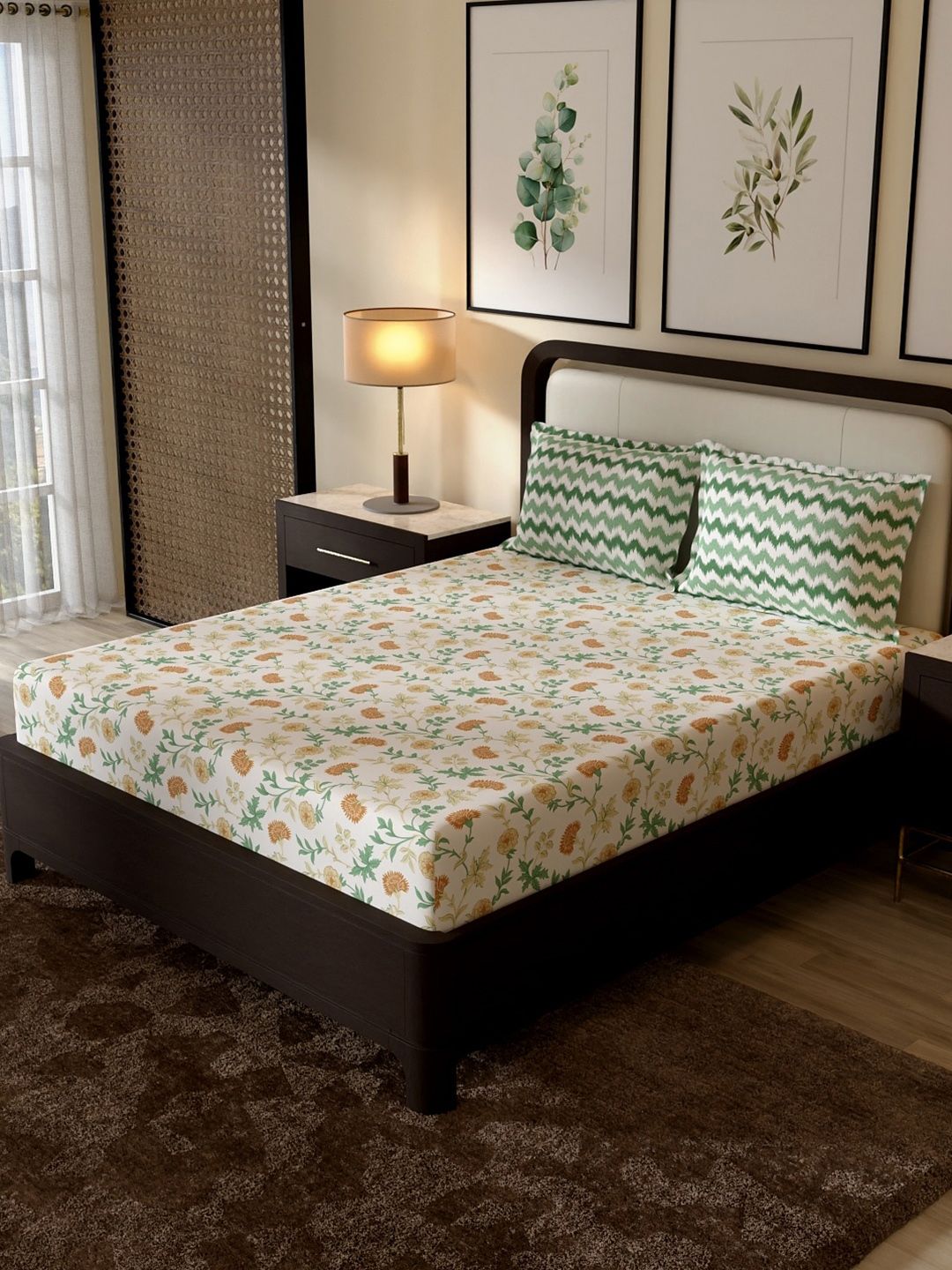 Portico New York Signature Green Geometric 144 TC King Bedsheet with 2 Pillow Covers