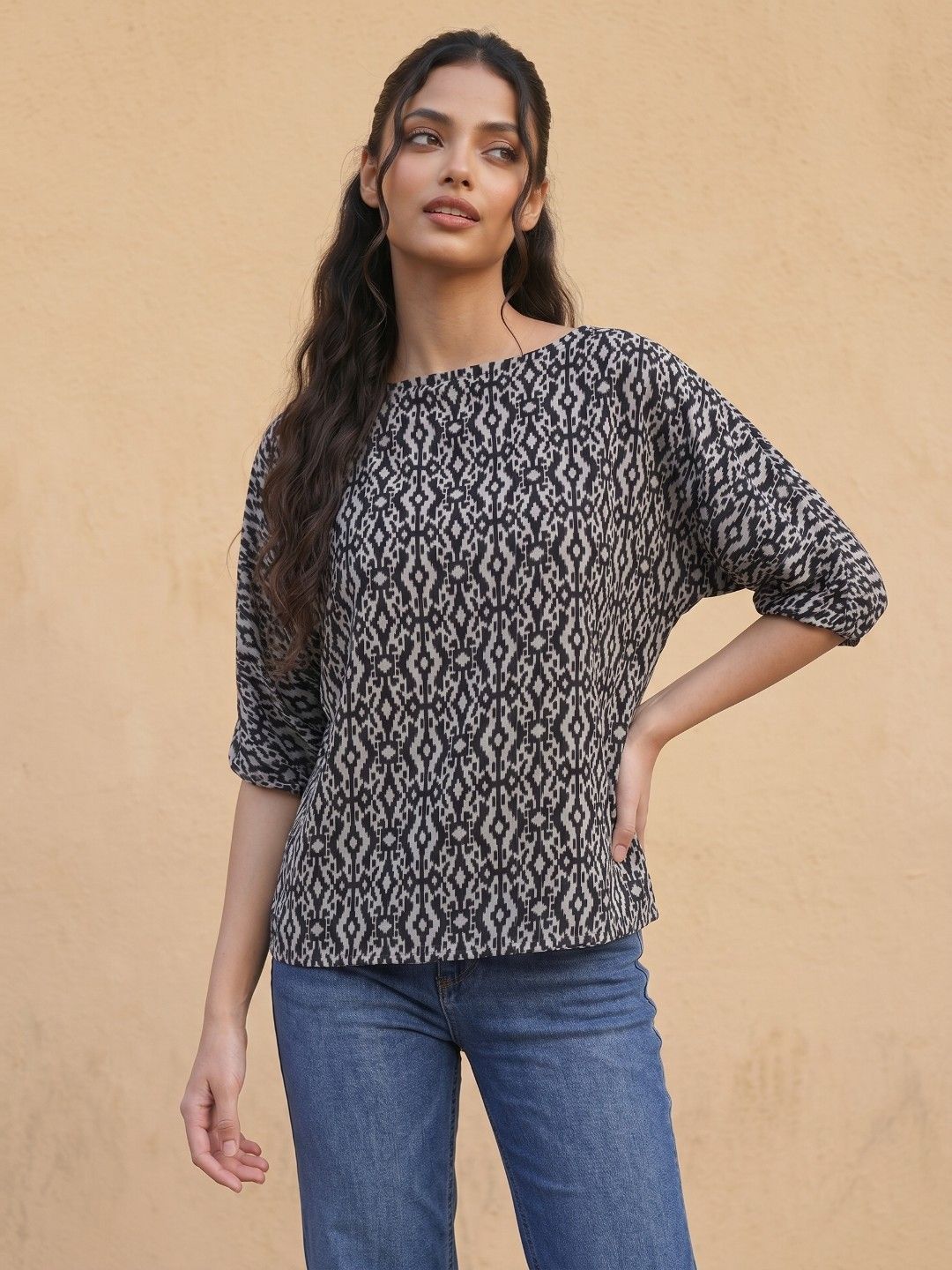 fusion by glitchez Abstract Print Boat Neck Extended Sleeves Top