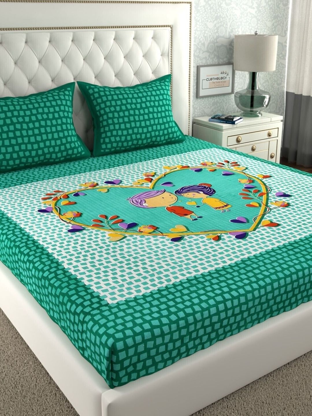 CLOTHOLOGY Green Couple Motif Saathiya Threads Cotton Double Flat 104 TC Jaipuri Prints Bedsheet Set