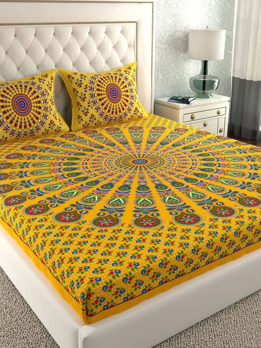 CLOTHOLOGY Yellow Mandala Print The Heritage Tapestry Cotton Double Flat 104 TC Jaipuri Prints Bedsheet Set