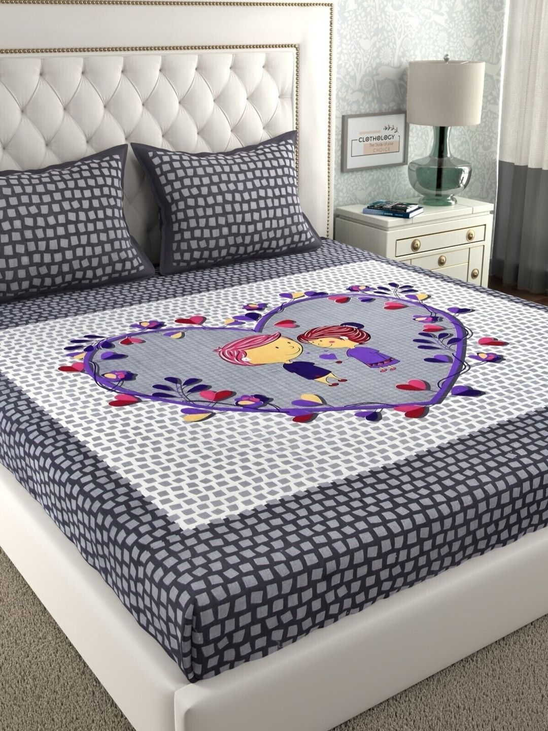 CLOTHOLOGY Grey Couple Motif Saathiya Threads Cotton Double Flat 104 TC Jaipuri Prints Bedsheet Set