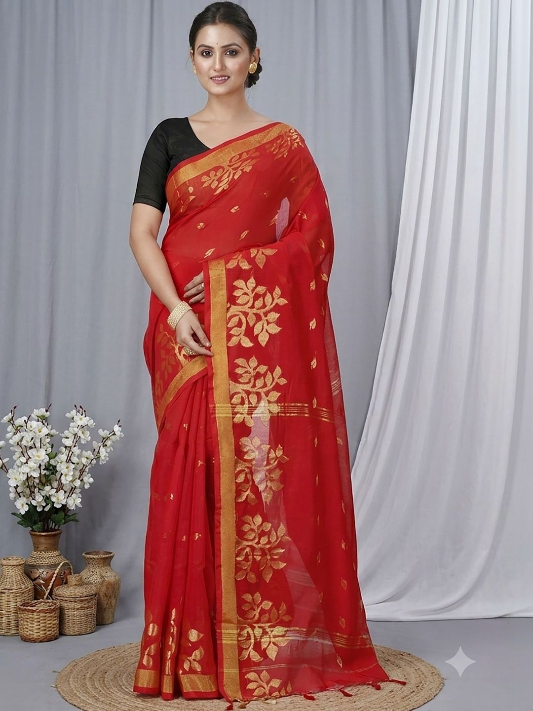 PuJoy Ethnic Motifs Woven Design Zari Taant Saree
