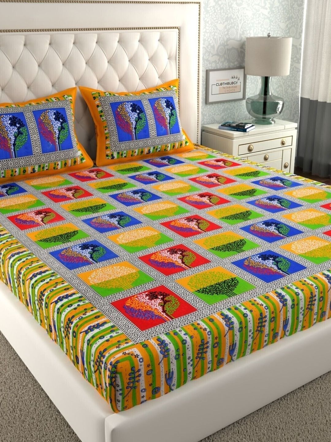CLOTHOLOGY Amber Tree of Life Vriksha Heritage Cotton Double Flat 104 TC Jaipuri Prints Bedsheet Set