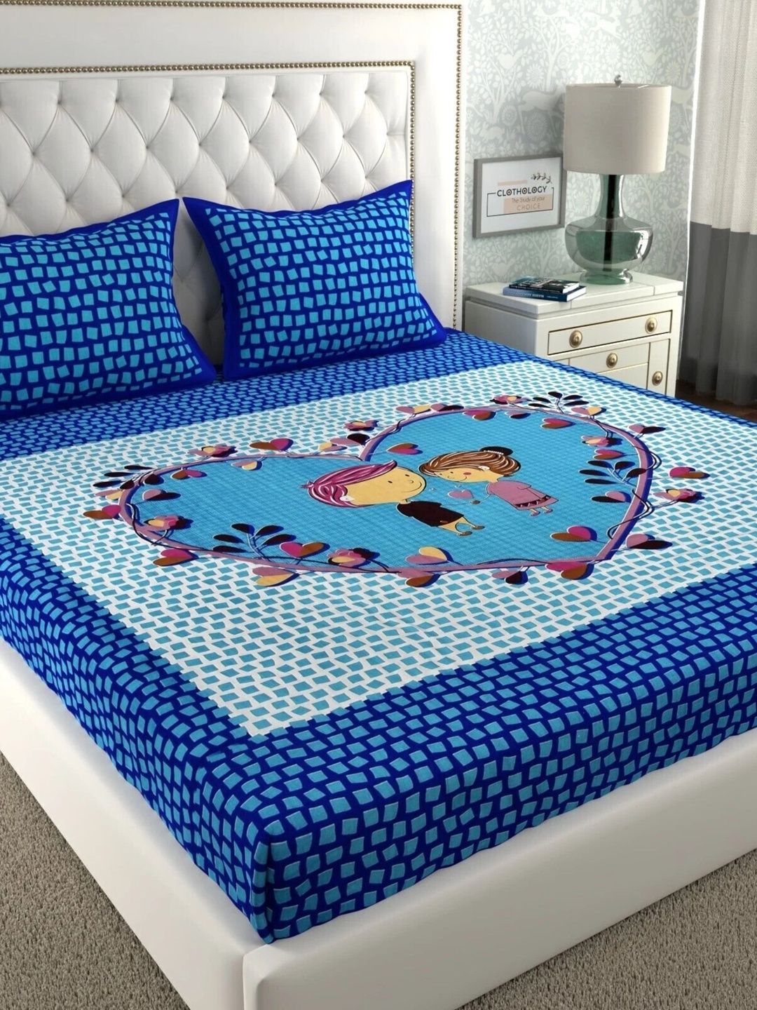 CLOTHOLOGY Blue Couple Motif Saathiya Threads Cotton Double Flat 104 TC Jaipuri Prints Bedsheet Set