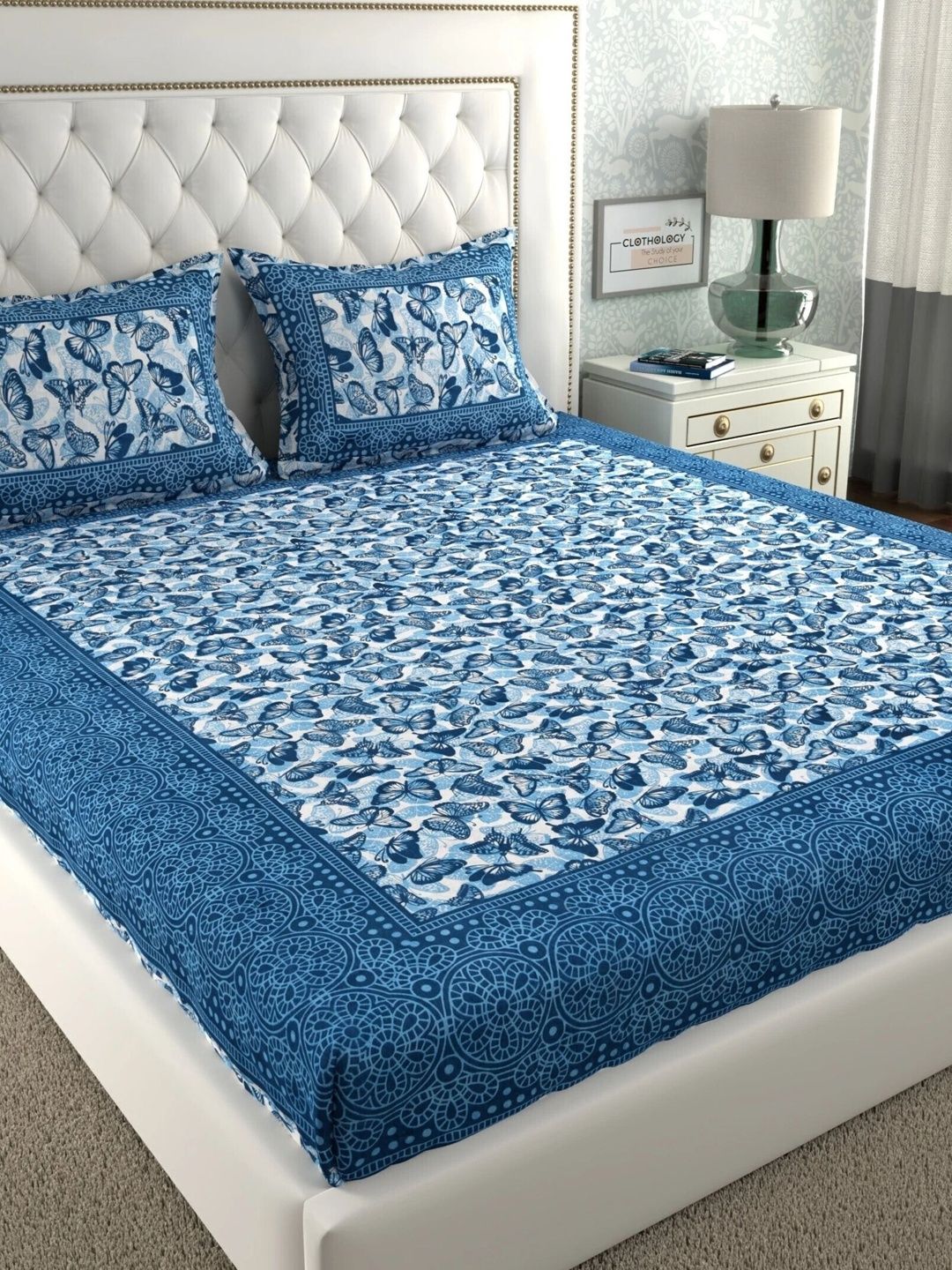 CLOTHOLOGY Indigo Blue Butterfly Lattice The Titli Heritage Cotton Double Flat 104 TC Jaipuri Prints Bedsheet Set