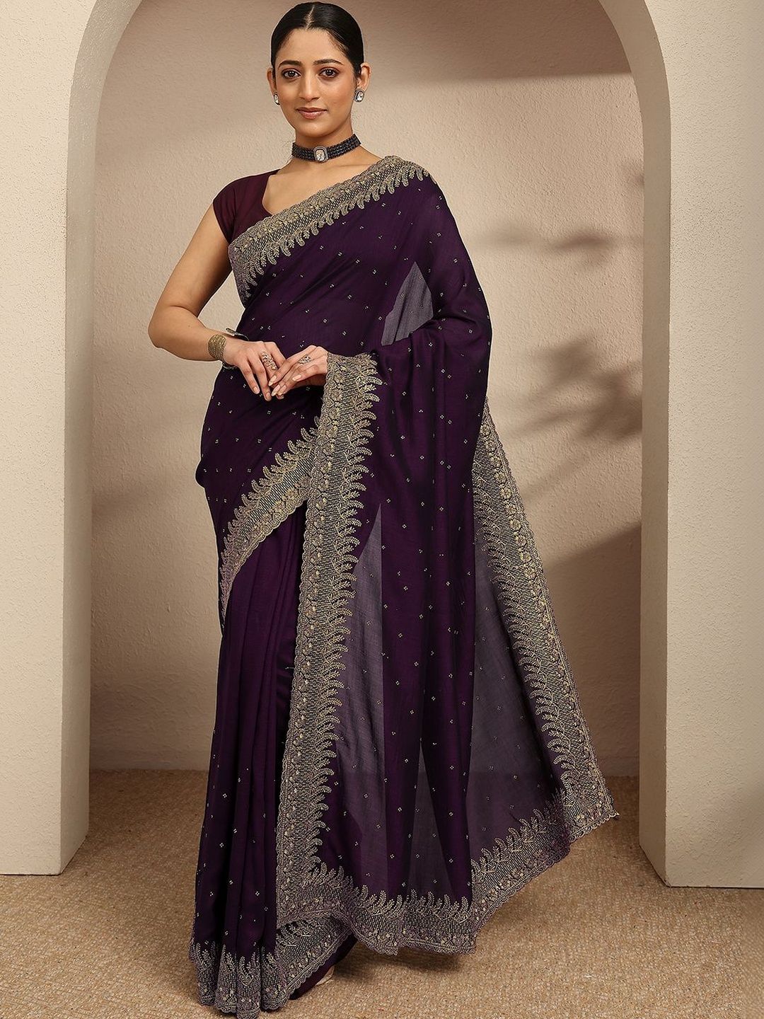 Libas Burgundy beads embellished saree with zari embellished border and a blouse piece