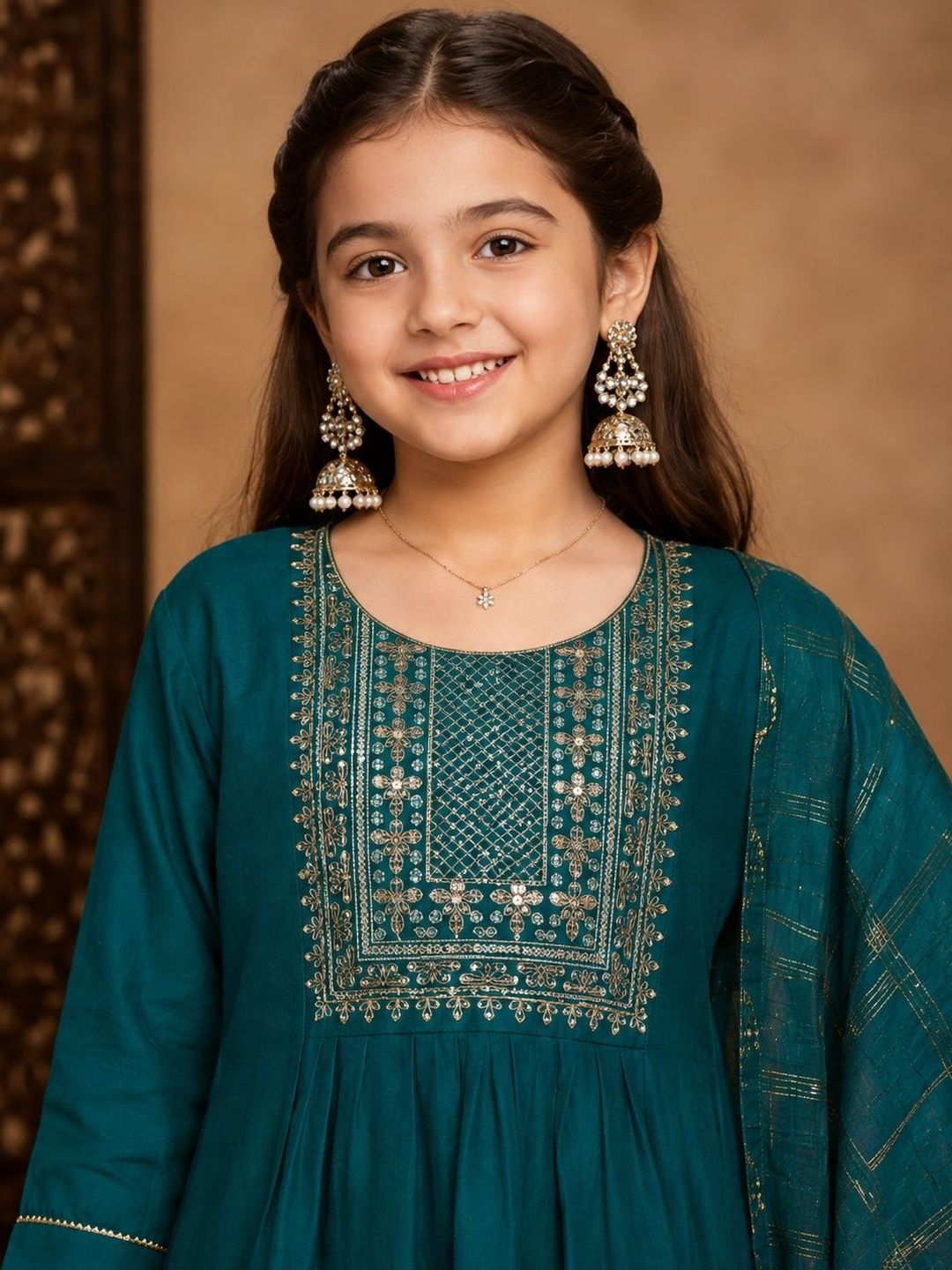 Girls Ethnic Motifs Embroidered Panelled Thread Work Pure Silk Kurta with Trousers & With Dupatta 4
