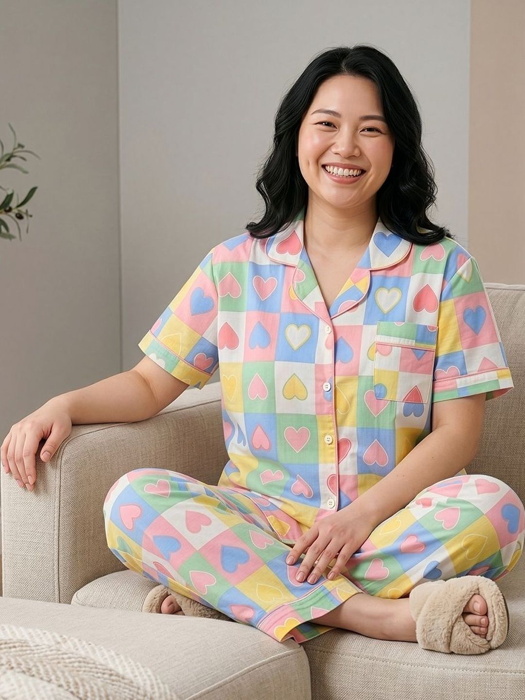 Geometric Printed Lapel Collar Night suit 7